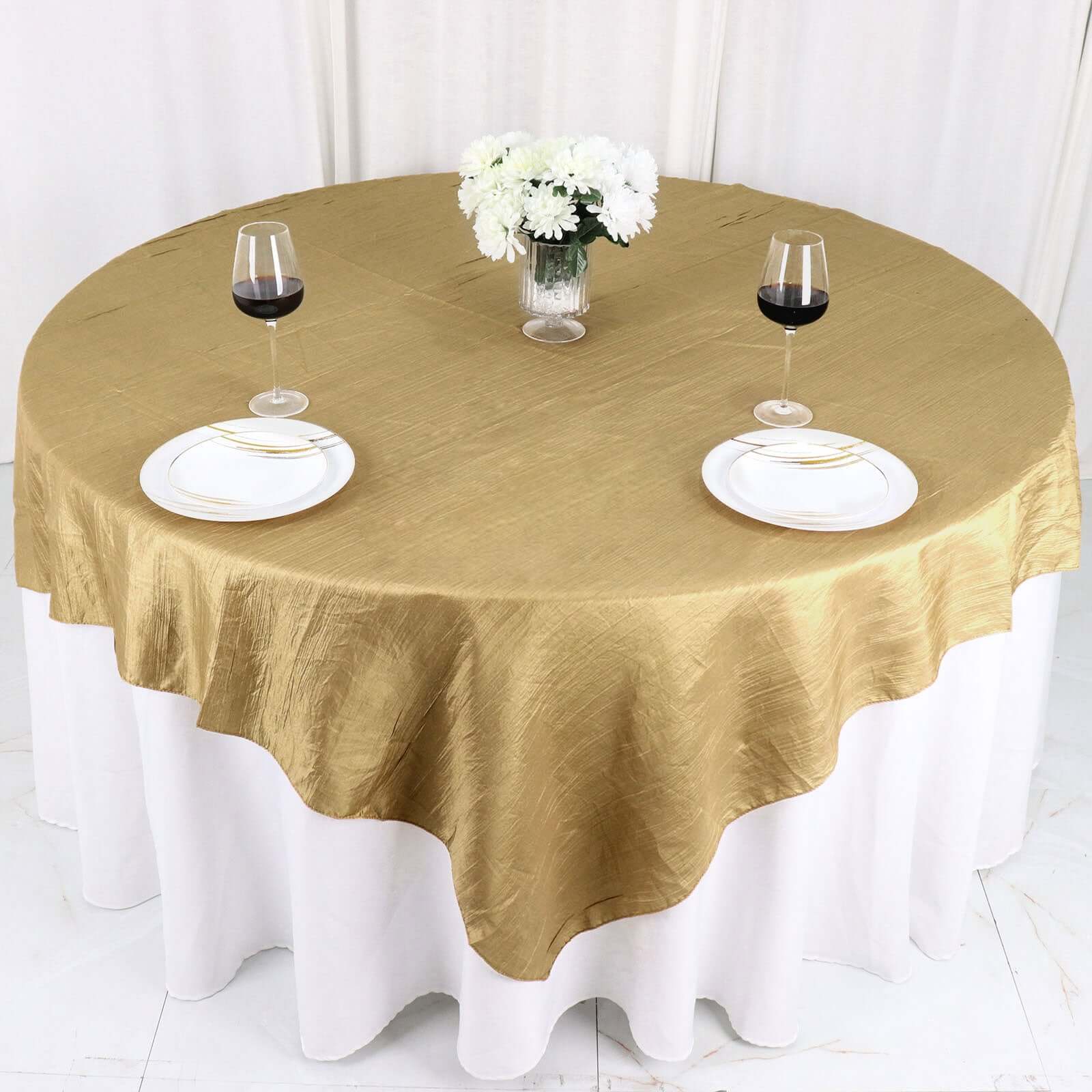 Gold Accordion Crinkle Design 72x72 Square Taffeta Table Overlay for Stylish Events
