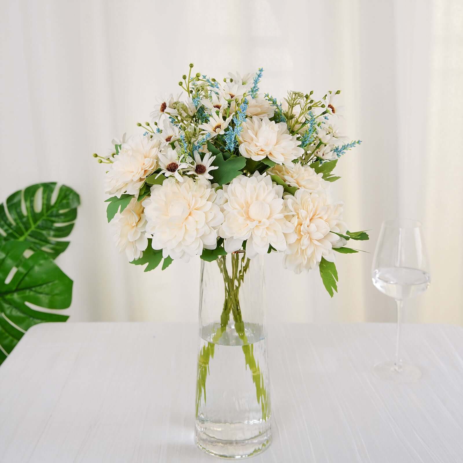 Hot Sale! 2 Bushes Artificial Silk Ivory and Blue Dahlia Flower Bouquet Spray for Decor