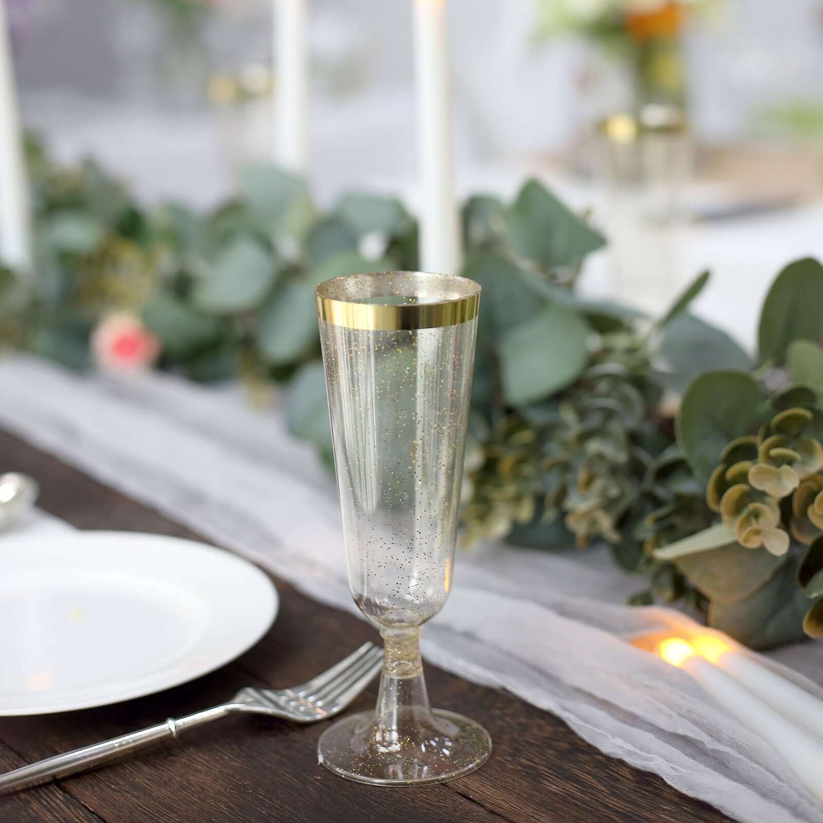 Hot Sale! 12-Pack Disposable Plastic Champagne Flutes with Clear Body, Gold Glitter, and Gold Rim for Parties, 6oz