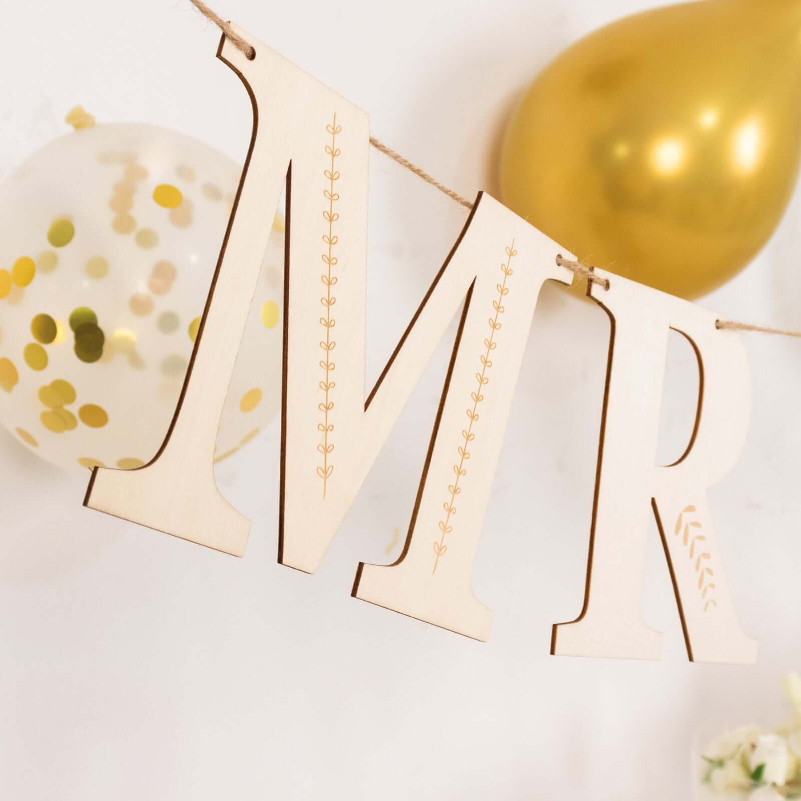 10ft Handmade Natural Pre - Strung Mr & Mrs Wooden Letter Banner with Rustic Botanical Design for Anniversaries
