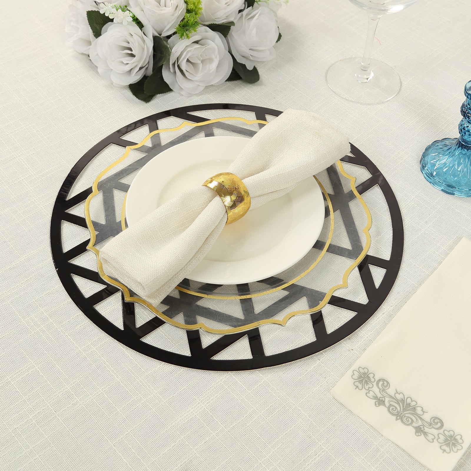 Hot Sale! 6-Pack Black Cardboard Disposable Table Placemats with Laser-Cut Geometric Triangle Design, 13 Inches