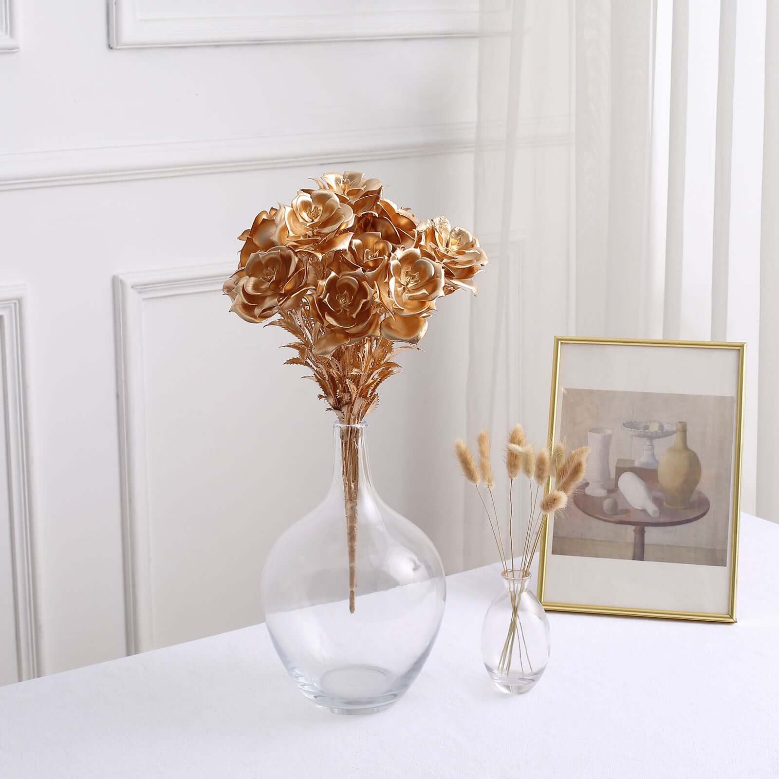 2-Pack Lustrous Metallic Gold Artificial Rose Bouquets for Seasonal & Luxurious Decor