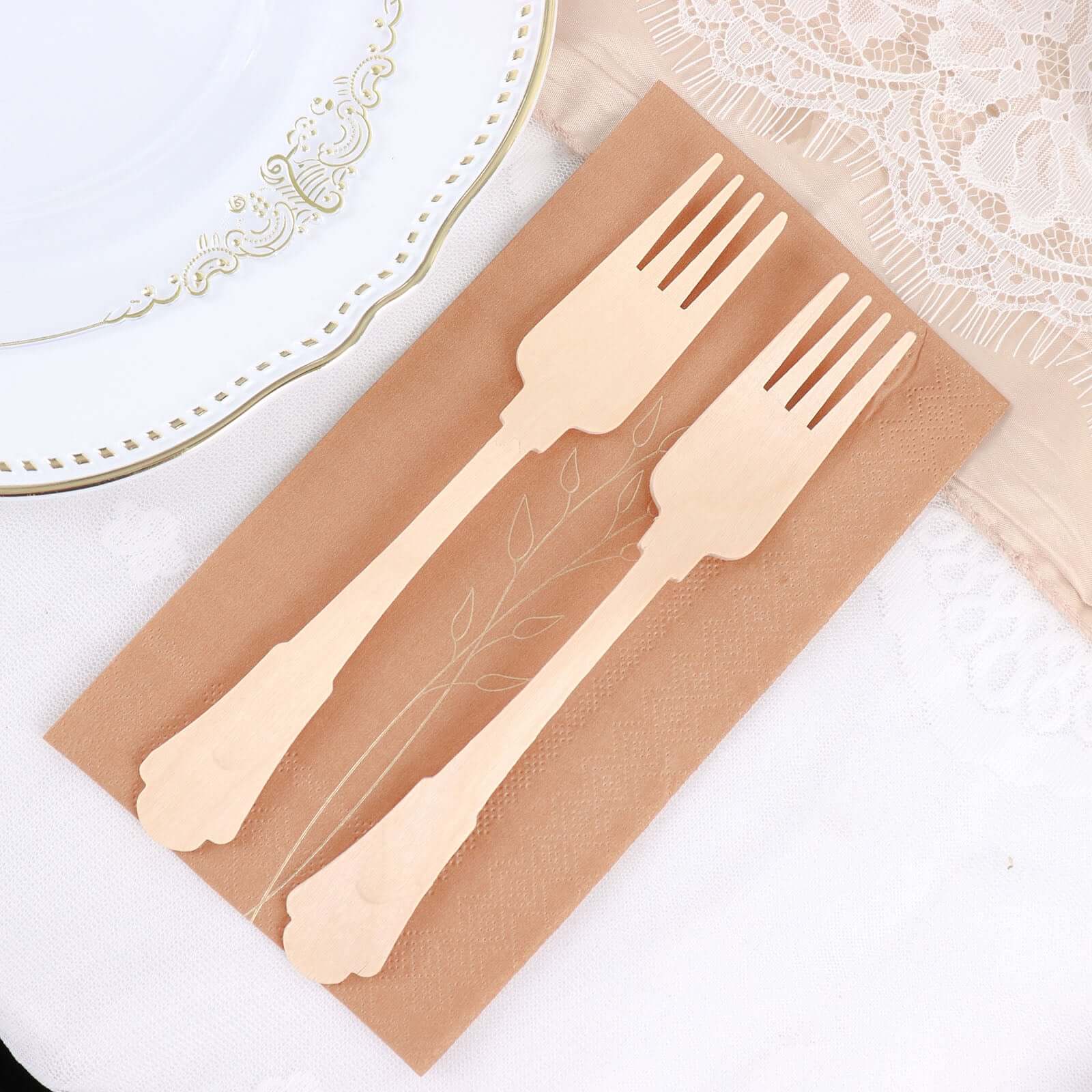 24-Pack Natural Birchwood Forks with Baroque Design - Ideal for Rustic Outdoor Parties! Eco-Friendly & Biodegradable