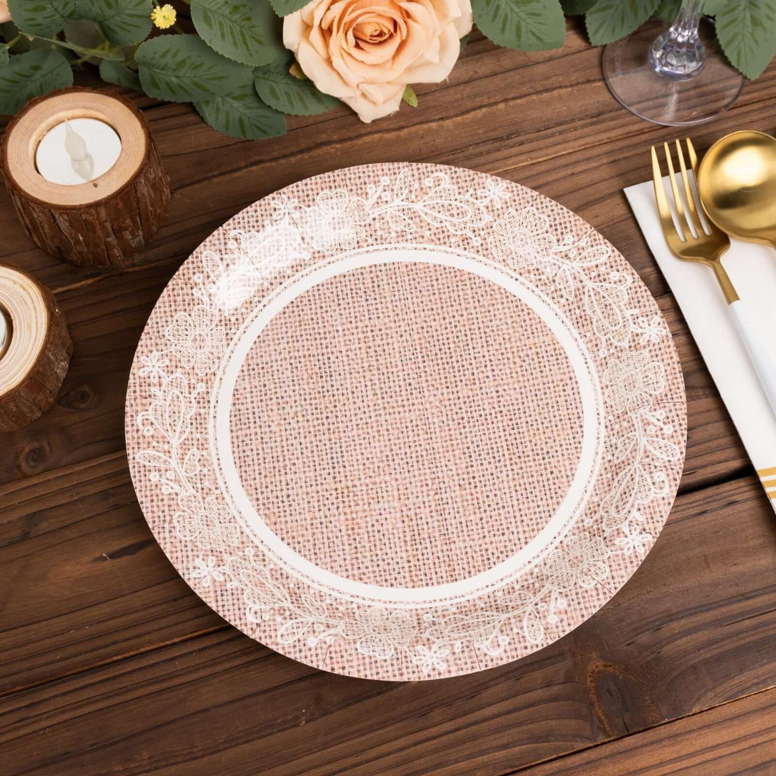 25-Pack 9-Inch Round Disposable Paper Dinner Plates with Natural Burlap & White Floral Lace Design