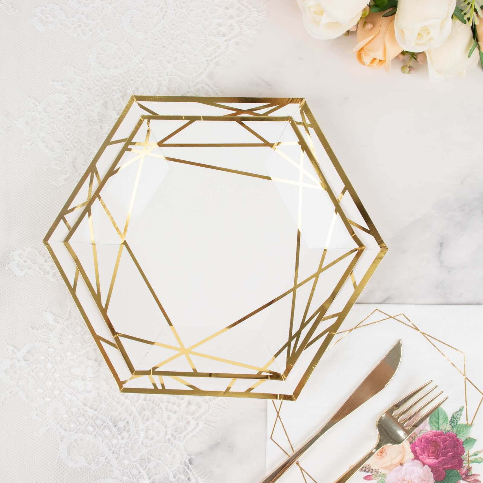 Hot Deal! 25-Pack White & Gold Geometric Hexagon Disposable Paper Dessert Plates for Events