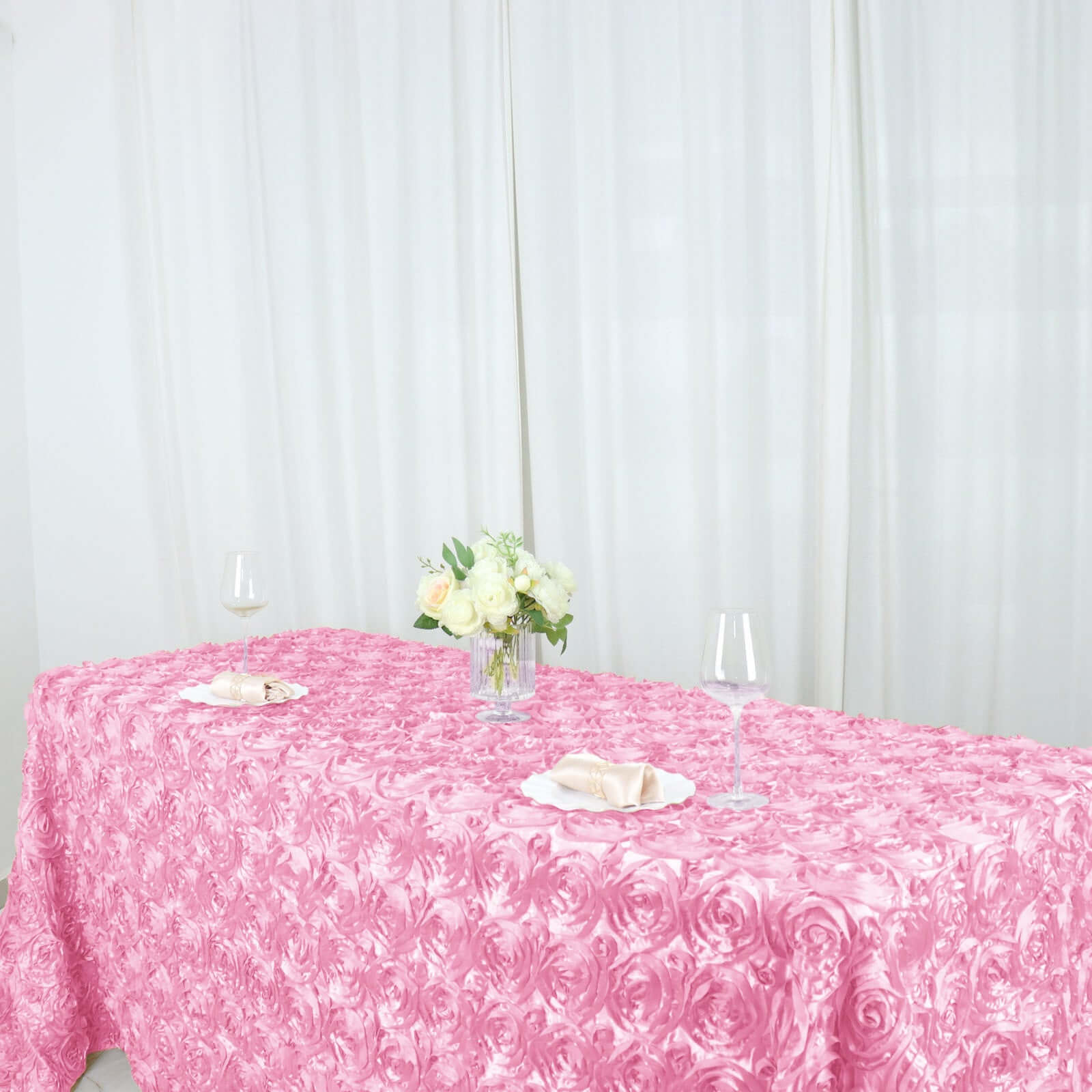 Hot Sale! Pink Satin 90x132 Rectangle Tablecloth with 3D Rosette Design
