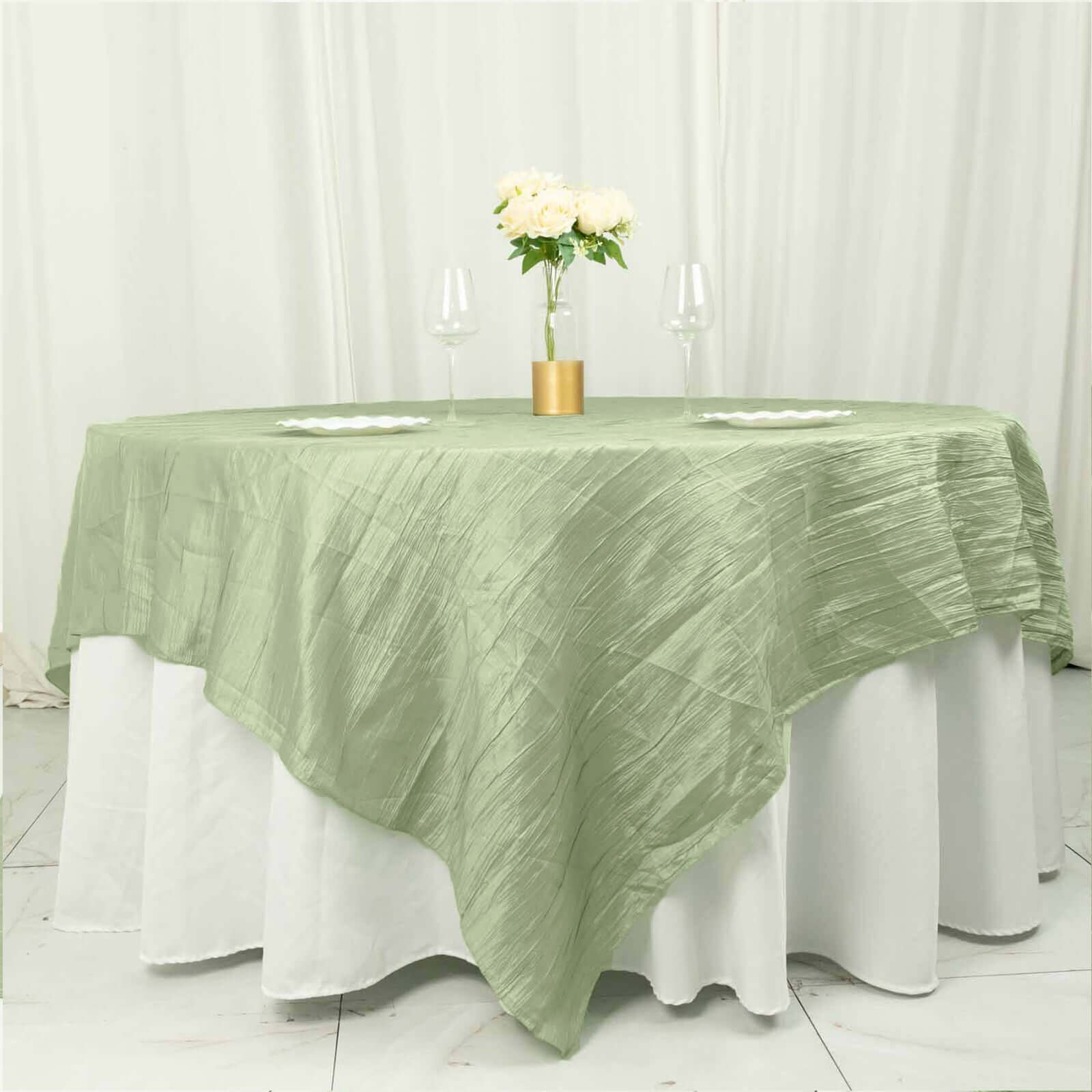 Sage Green 90x90 Square Accordion Crinkle Taffeta Table Overlay