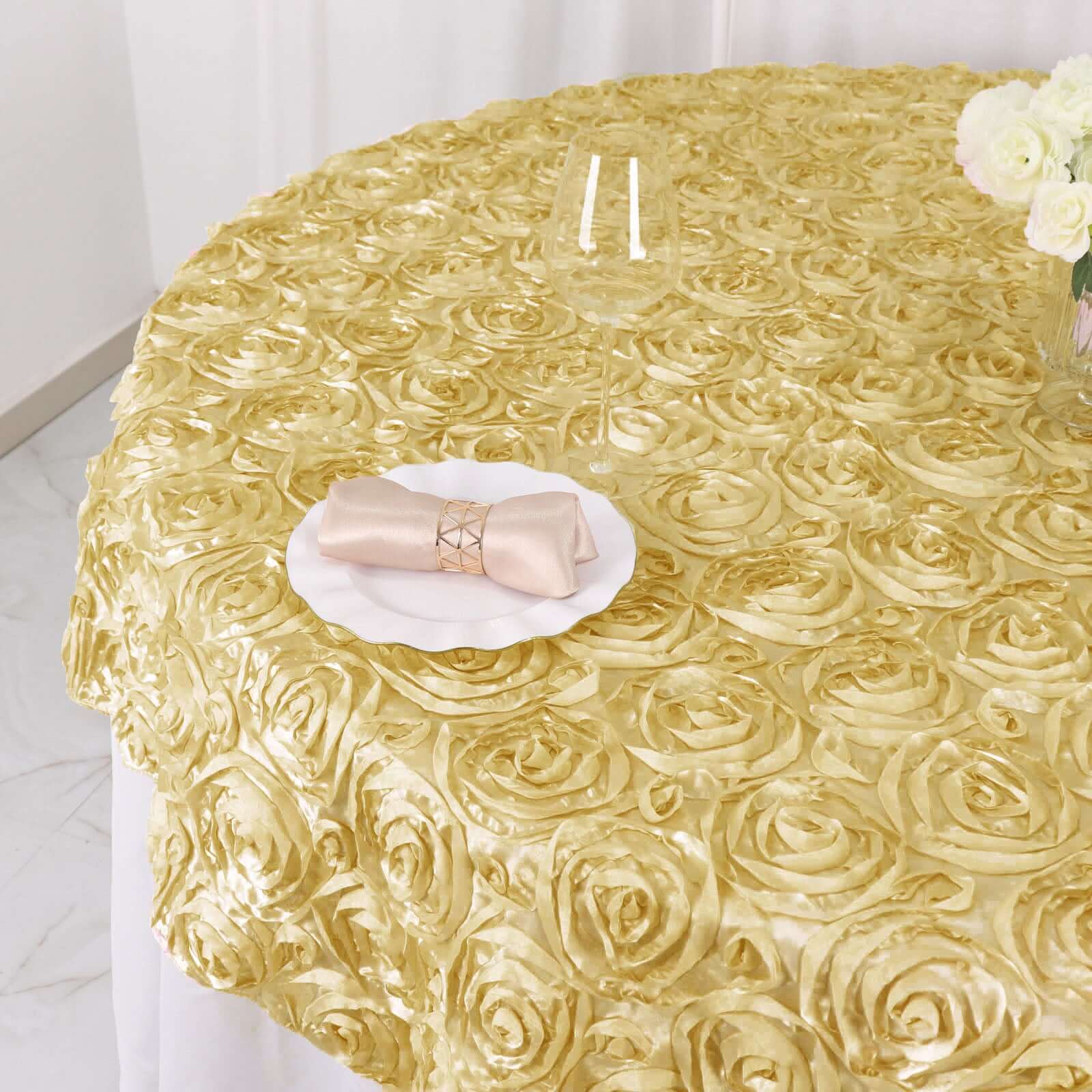 Champagne Satin 72x72 3D Rosette Square Table Overlay - Great for Events