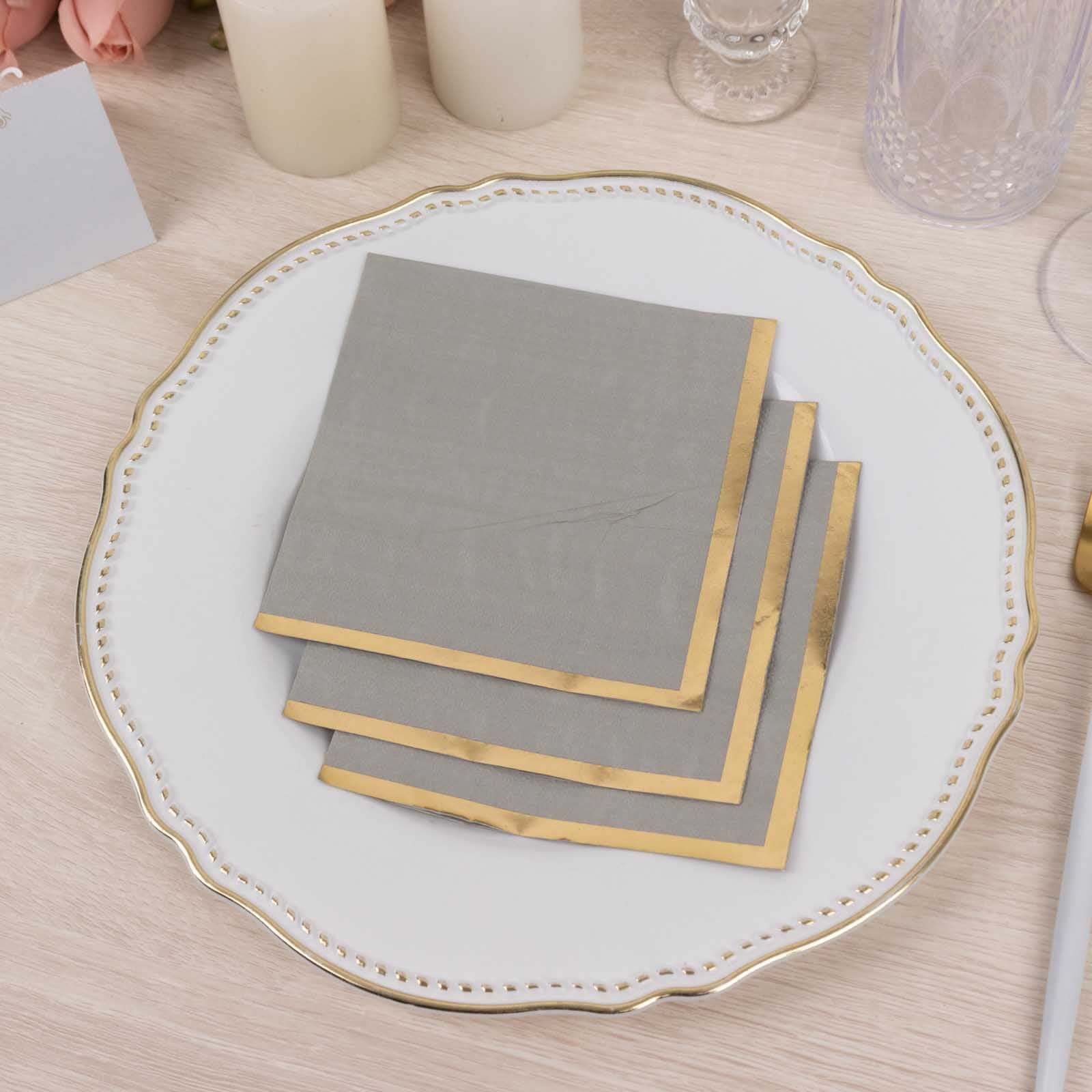 50-Pack 2-Ply Disposable Gray Cocktail Napkins with Gold Foil Edge - Soft 18GSM