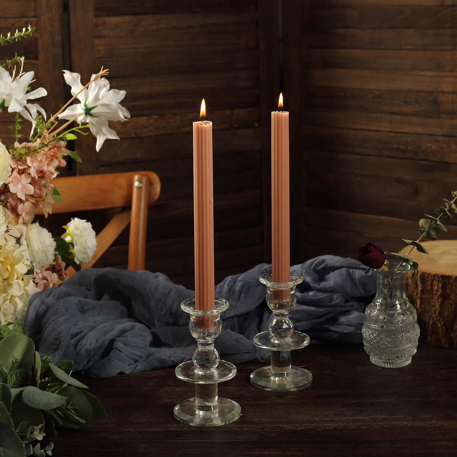 Premium Beige 5-Pack Unscented Ribbed Taper Dinner Candles, 9 Inches