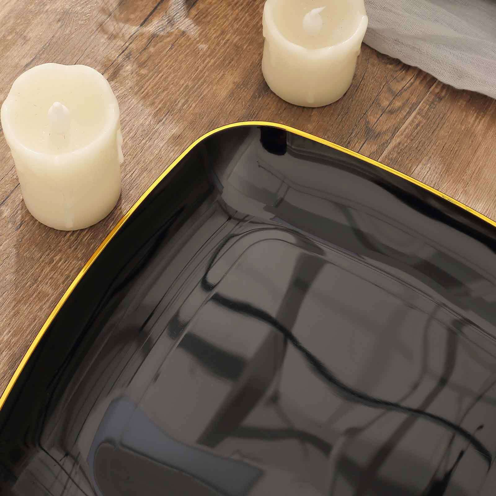 10-Pack Classy Disposable Black Plastic Dinner Plates with Gold Rim, 10 Square