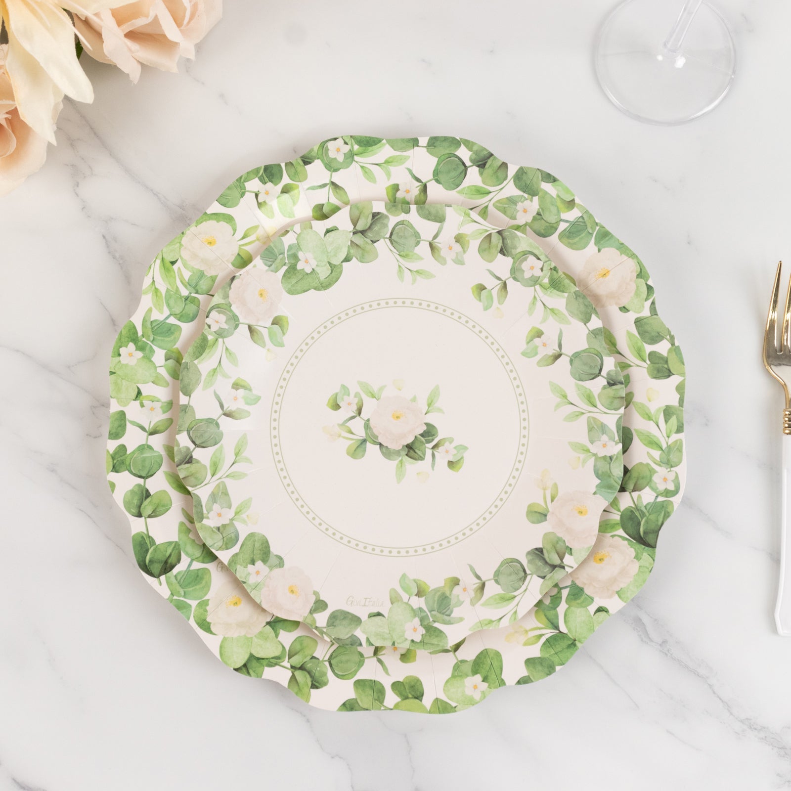 25-Pack 8-Inch White Paper Dessert Plates with Floral Greenery & Scalloped Edges - Ideal for Rustic Weddings and Garden Brunches