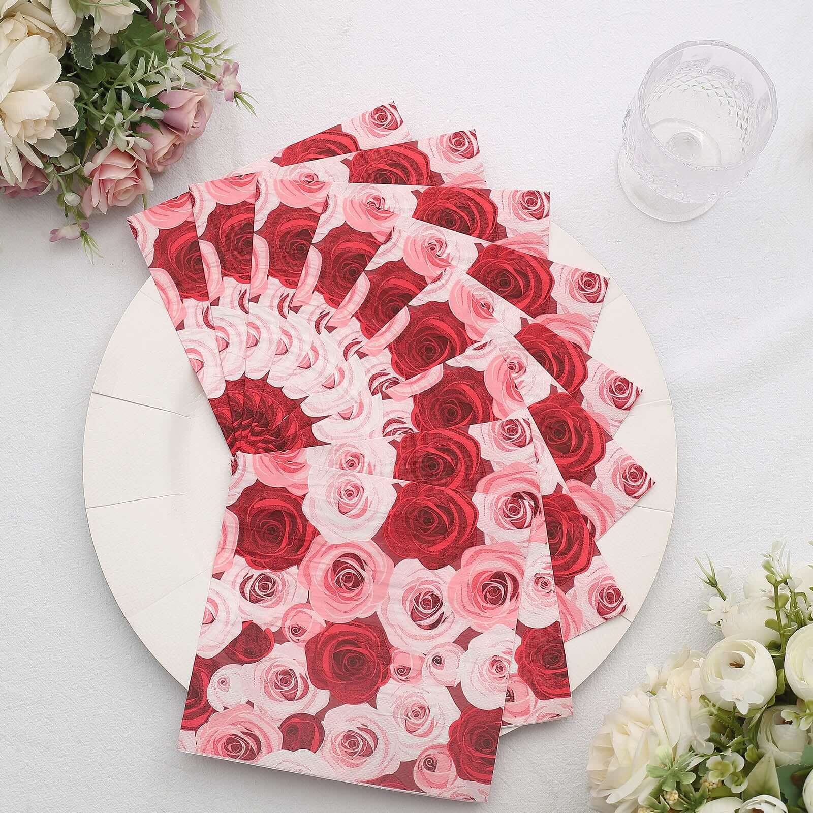 50-Pack 2-Ply Soft 18GSM Red/Pink Floral Design Paper Beverage Napkins for Weddings