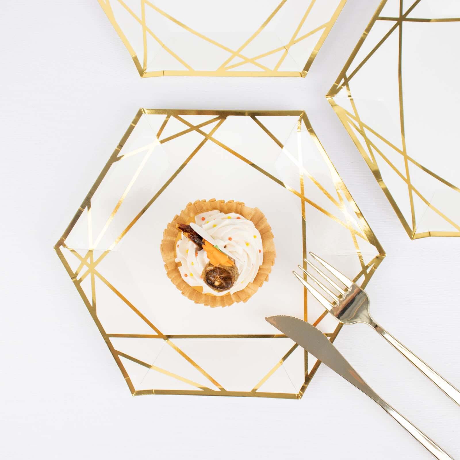 Hot Deal! 25-Pack White & Gold Geometric Hexagon Disposable Paper Dessert Plates for Events