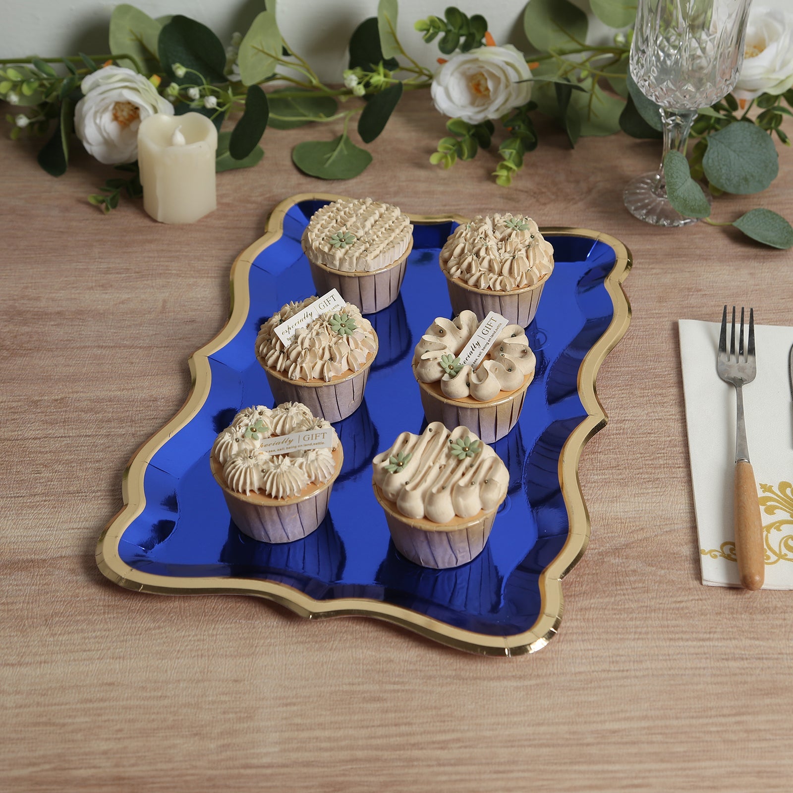 10-Pack Heavy Duty Disposable Royal Blue Paper Serving Trays with Gold Rim for Weddings & Parties