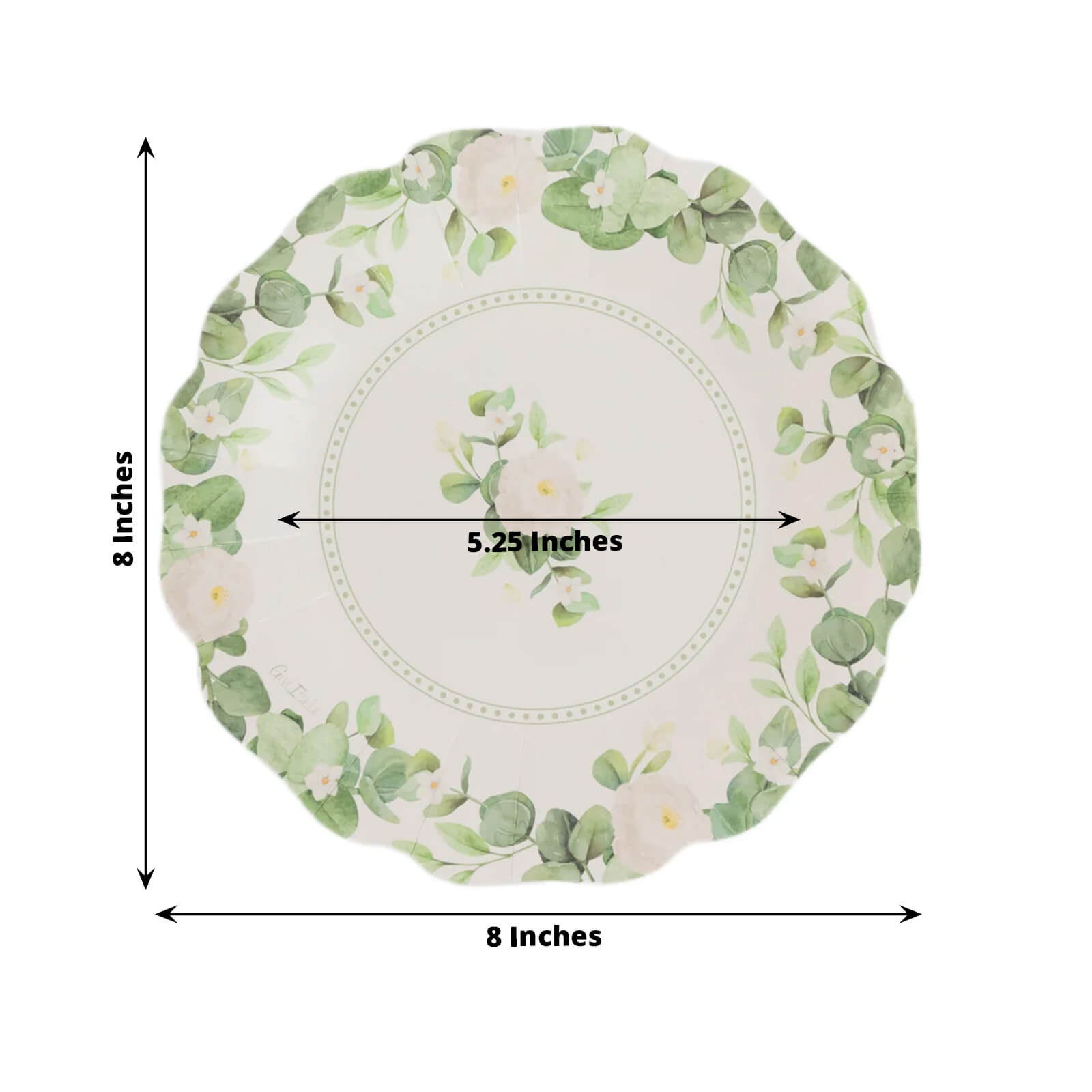 25-Pack 8-Inch White Paper Dessert Plates with Floral Greenery & Scalloped Edges - Ideal for Rustic Weddings and Garden Brunches