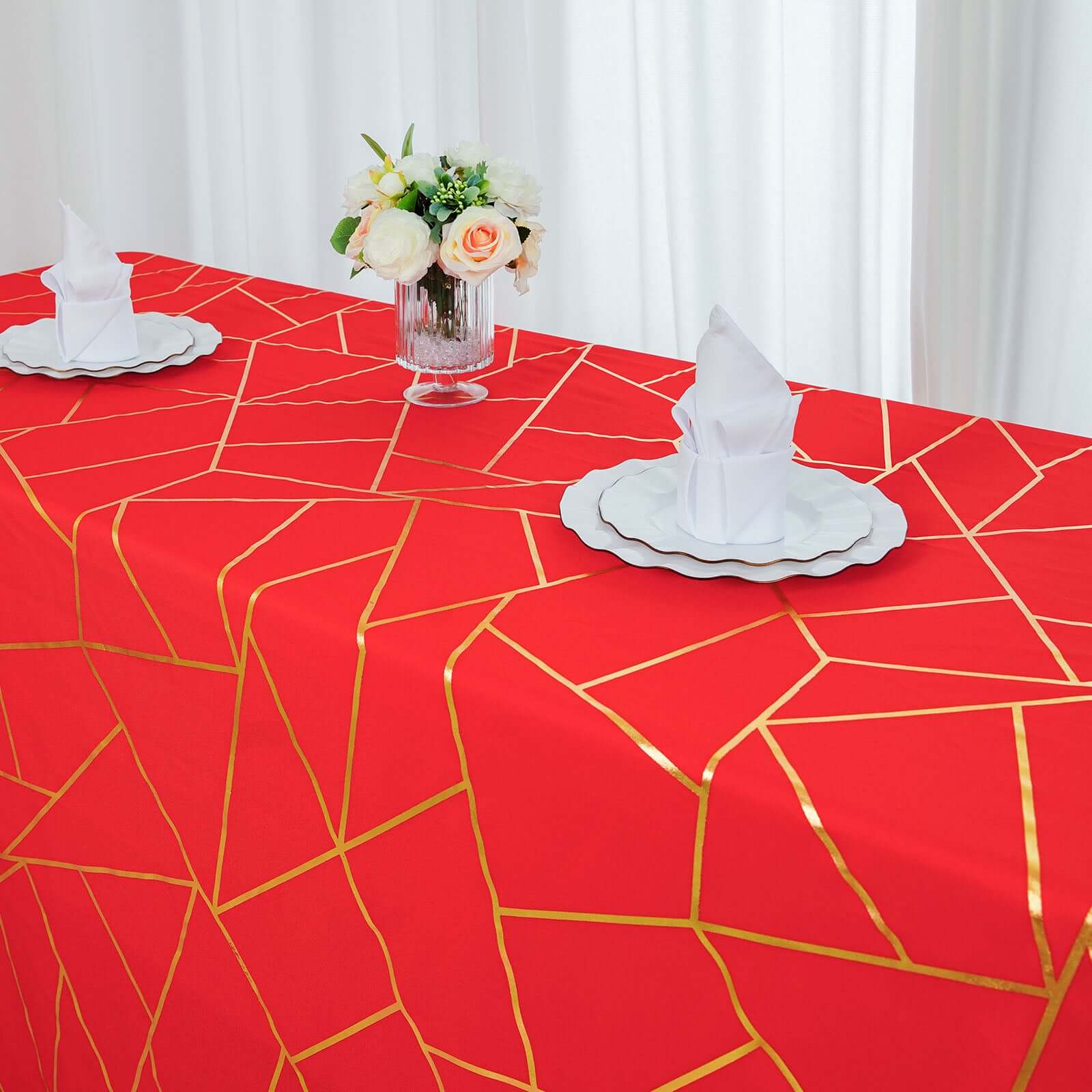 Hot! Red Seamless Polyester Tablecloth with Gold Foil Geometric Pattern, Wrinkle-Resistant (90x132)