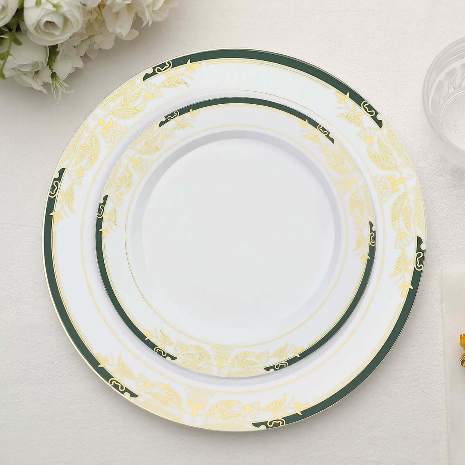 Hot Deal! 10-Pack Disposable 8-Inch Round Dessert & Salad Plates in White with Green & Gold Rim for Special Events