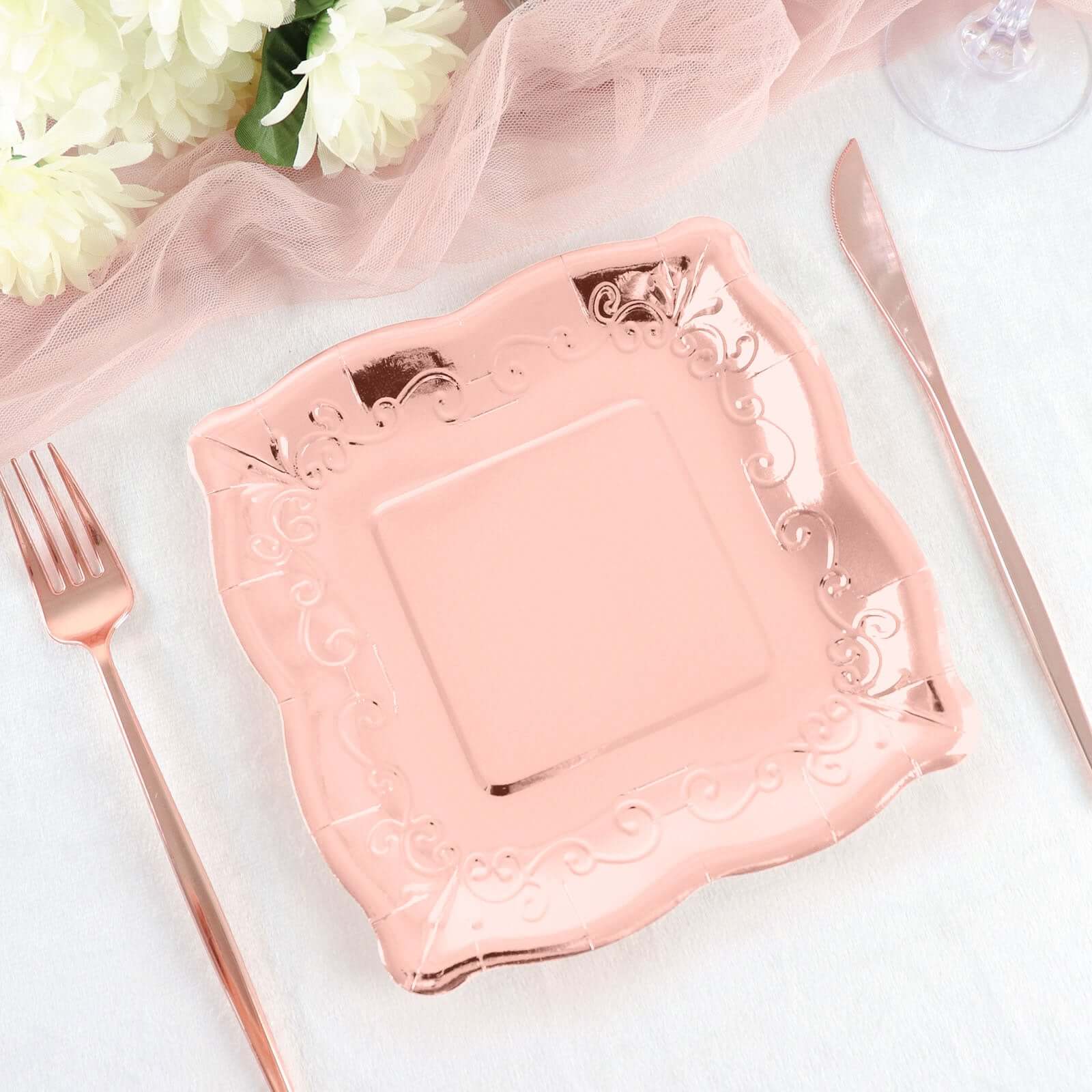 Hot Sale! 25-Pack Disposable Rose Gold Square Dessert Appetizer Paper Plates with Vintage Pottery Embossed Design
