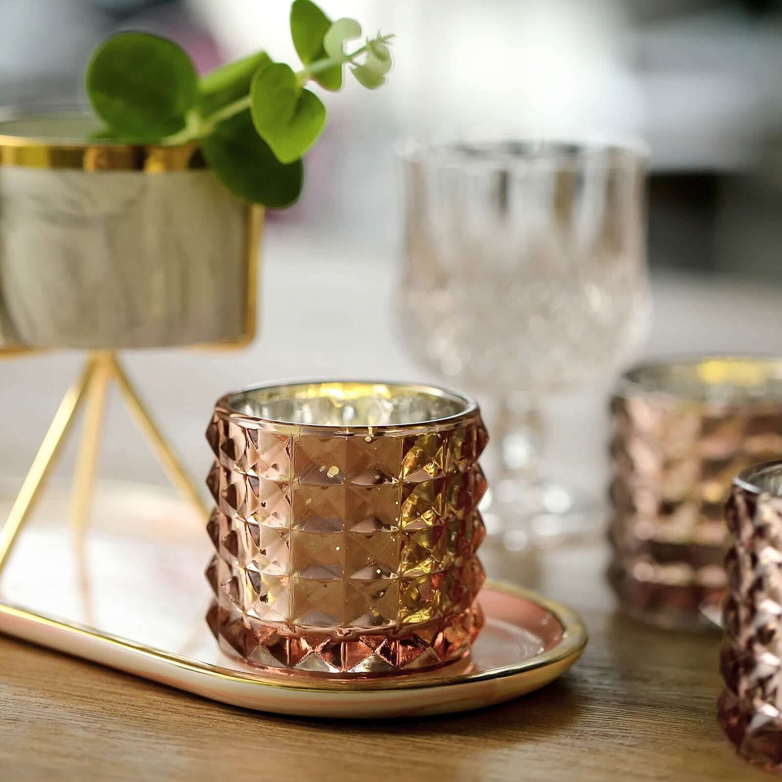 Hot Deal! 6-Pack Rose Gold Studded Faceted Mercury Glass Tealight Candle Holders