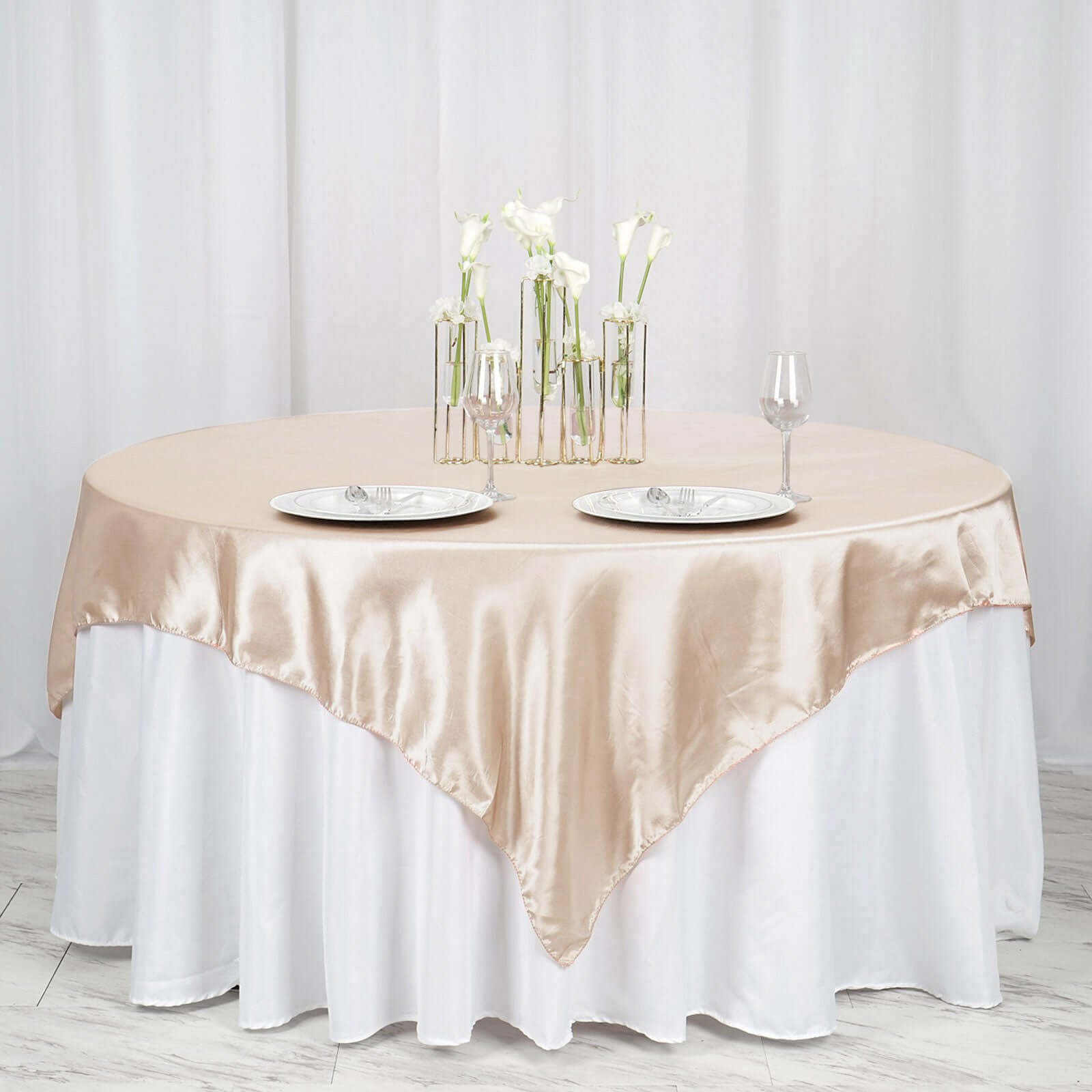 Beige Satin 60x60 Square Table Overlay - Smooth & Silky Table Cover, Great Deal