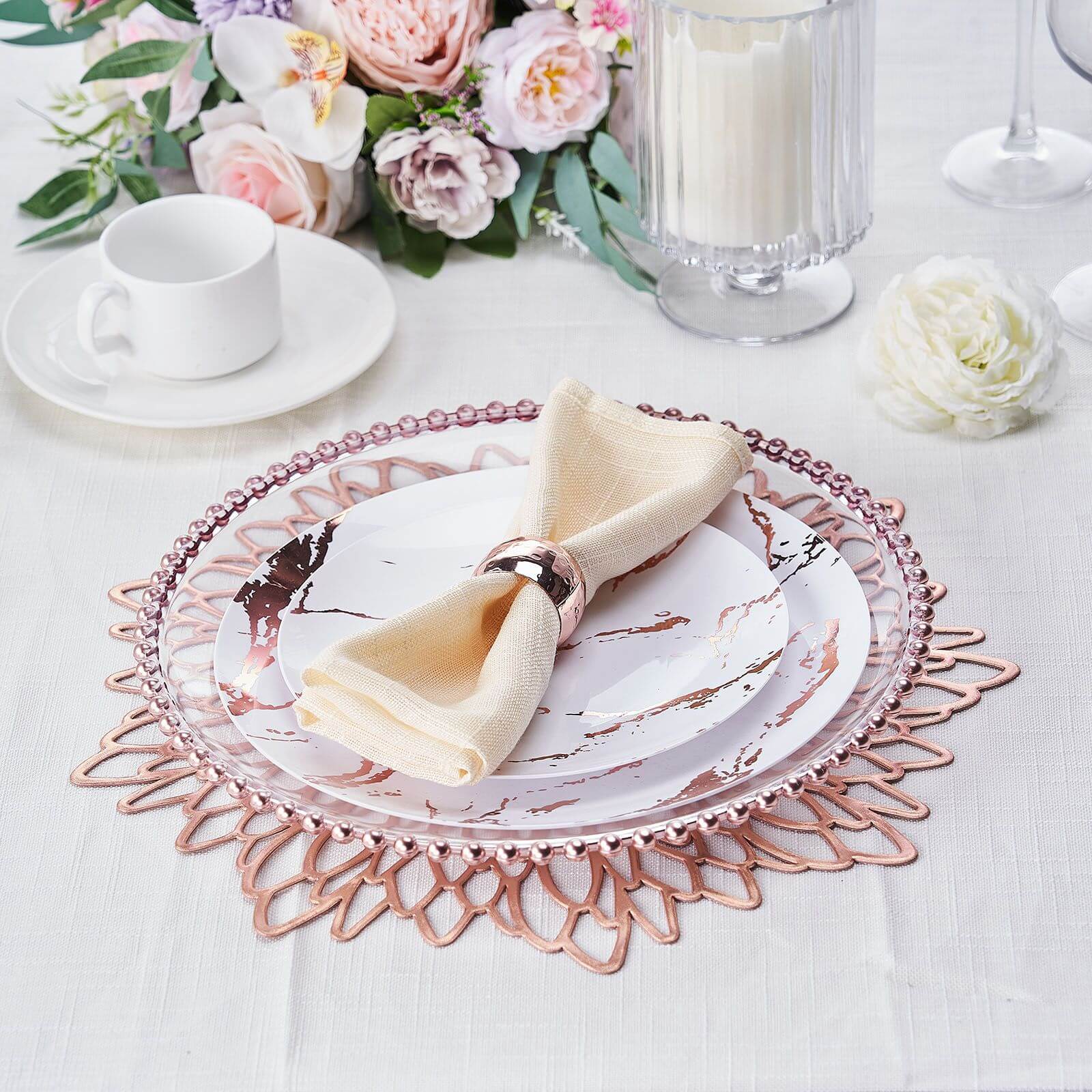 6-Piece Rose Gold Floral Round Non-Slip Vinyl Dining Table Mats, 15 Inches
