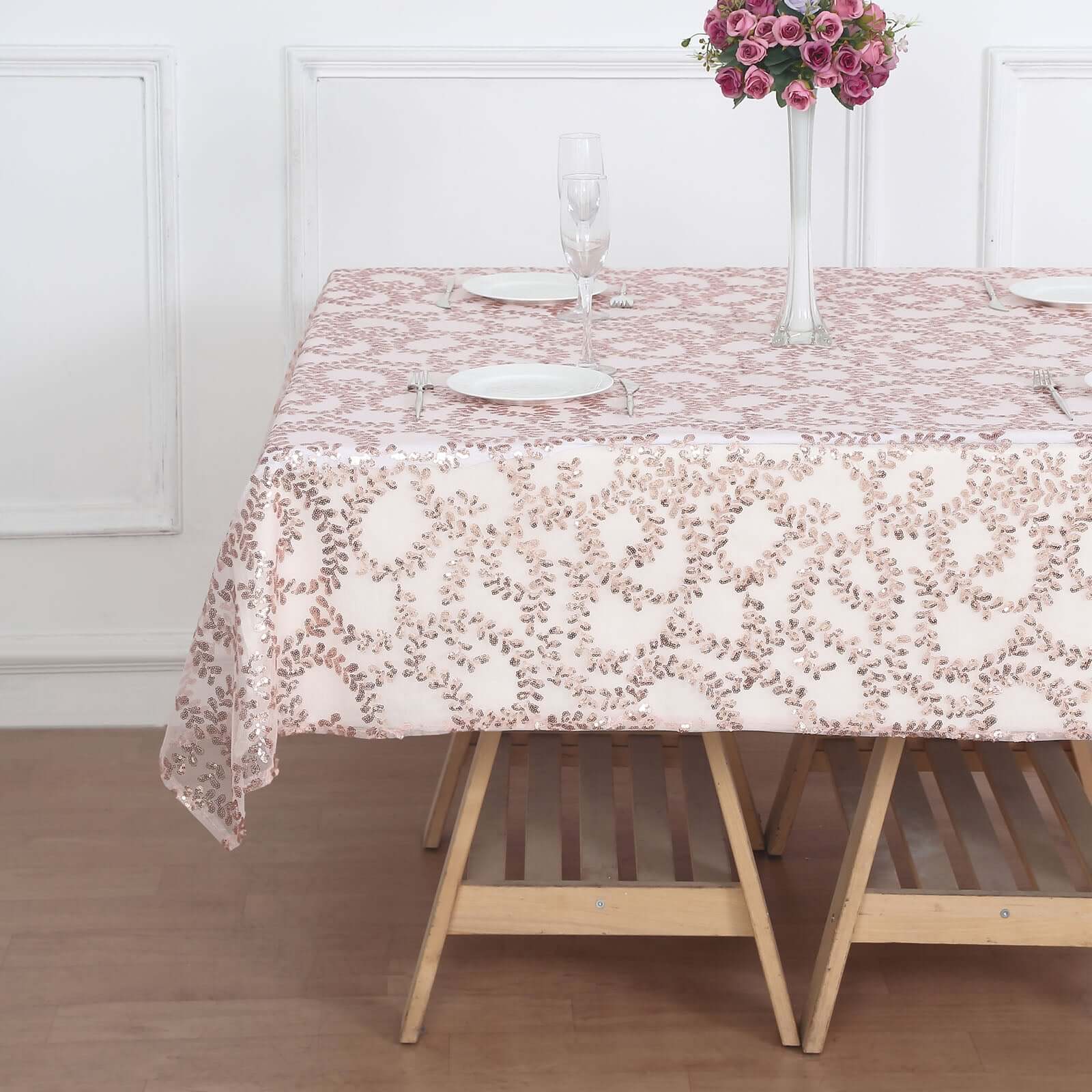 Hot Deal! Rose Gold Sequin Leaf Embroidered 72x72 Tulle Square Table Overlay