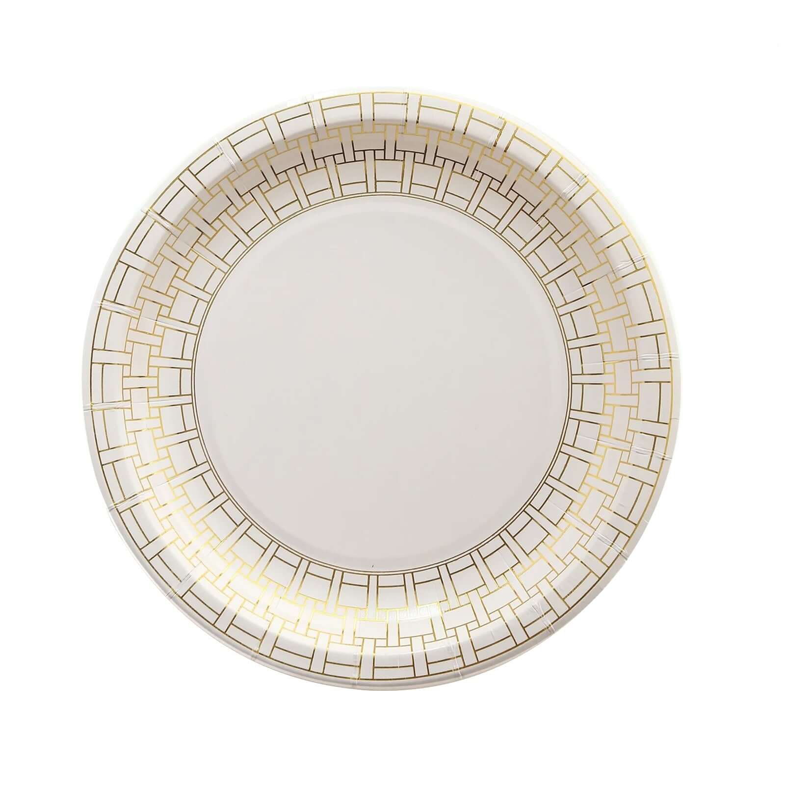 25-Piece Set of White Round Dessert Paper Plates with Elegant Gold Basketweave Rim