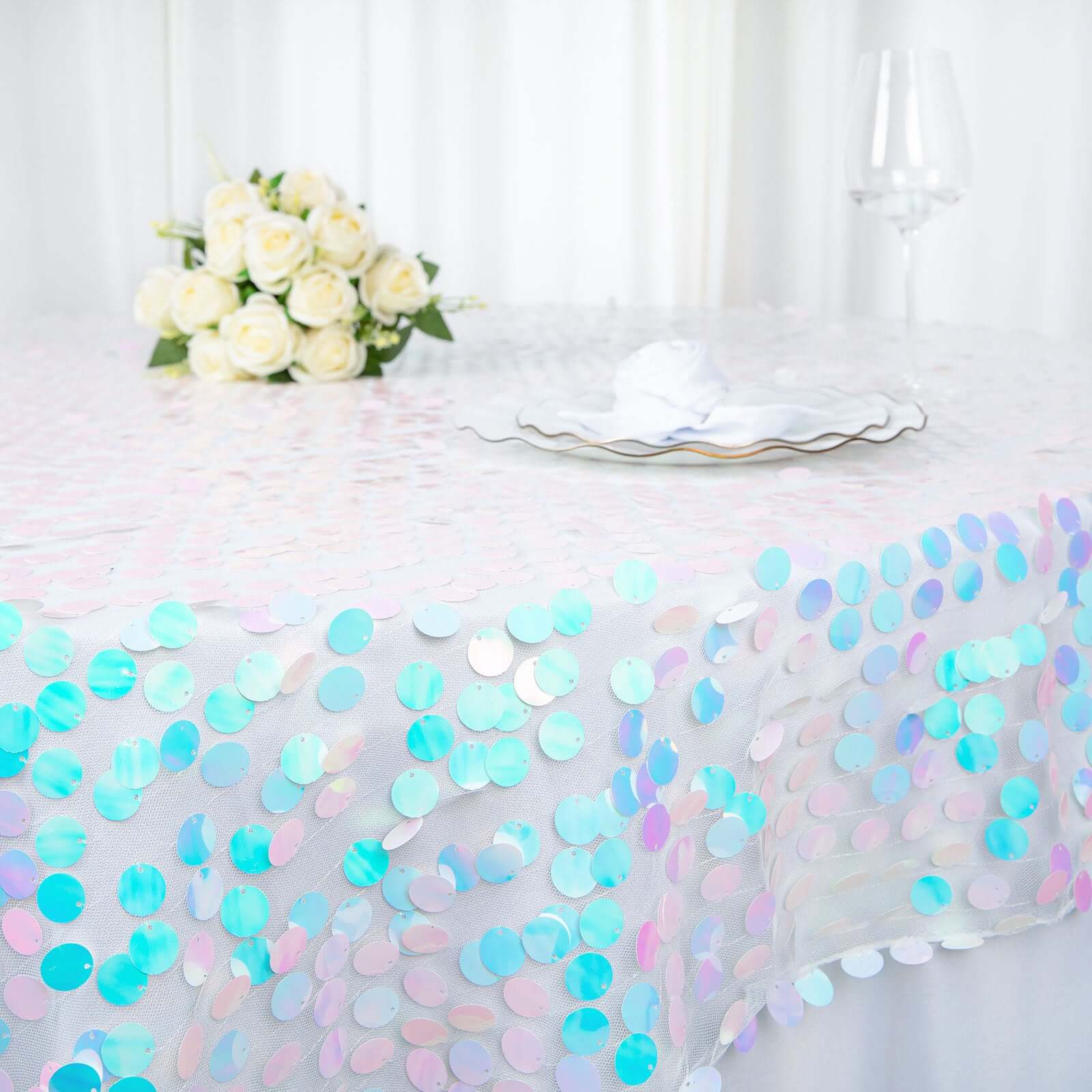 18mm Sequin 72x72 Square Table Overlay in Iridescent Blue for Big Tables