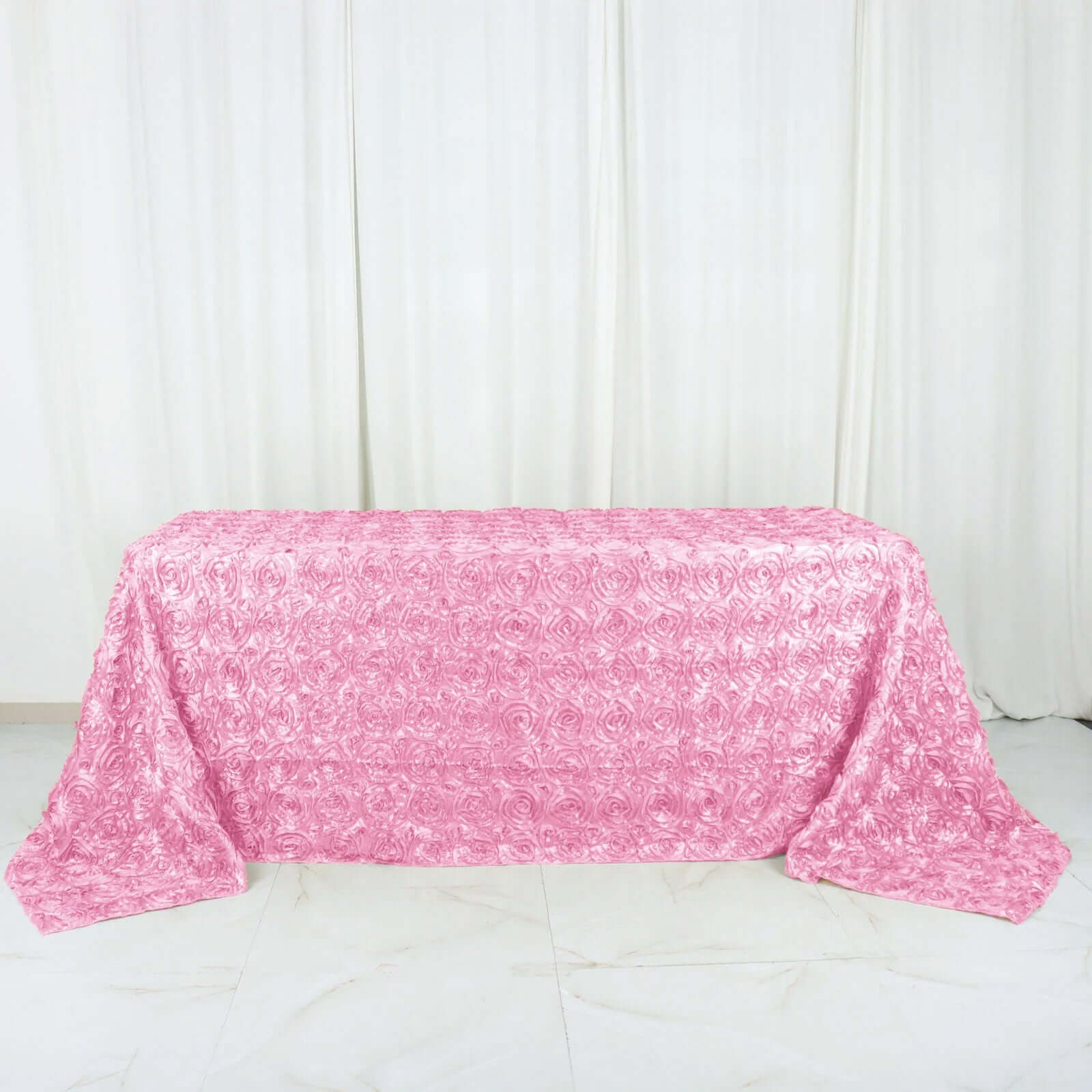 Hot Sale! Pink Satin 90x132 Rectangle Tablecloth with 3D Rosette Design