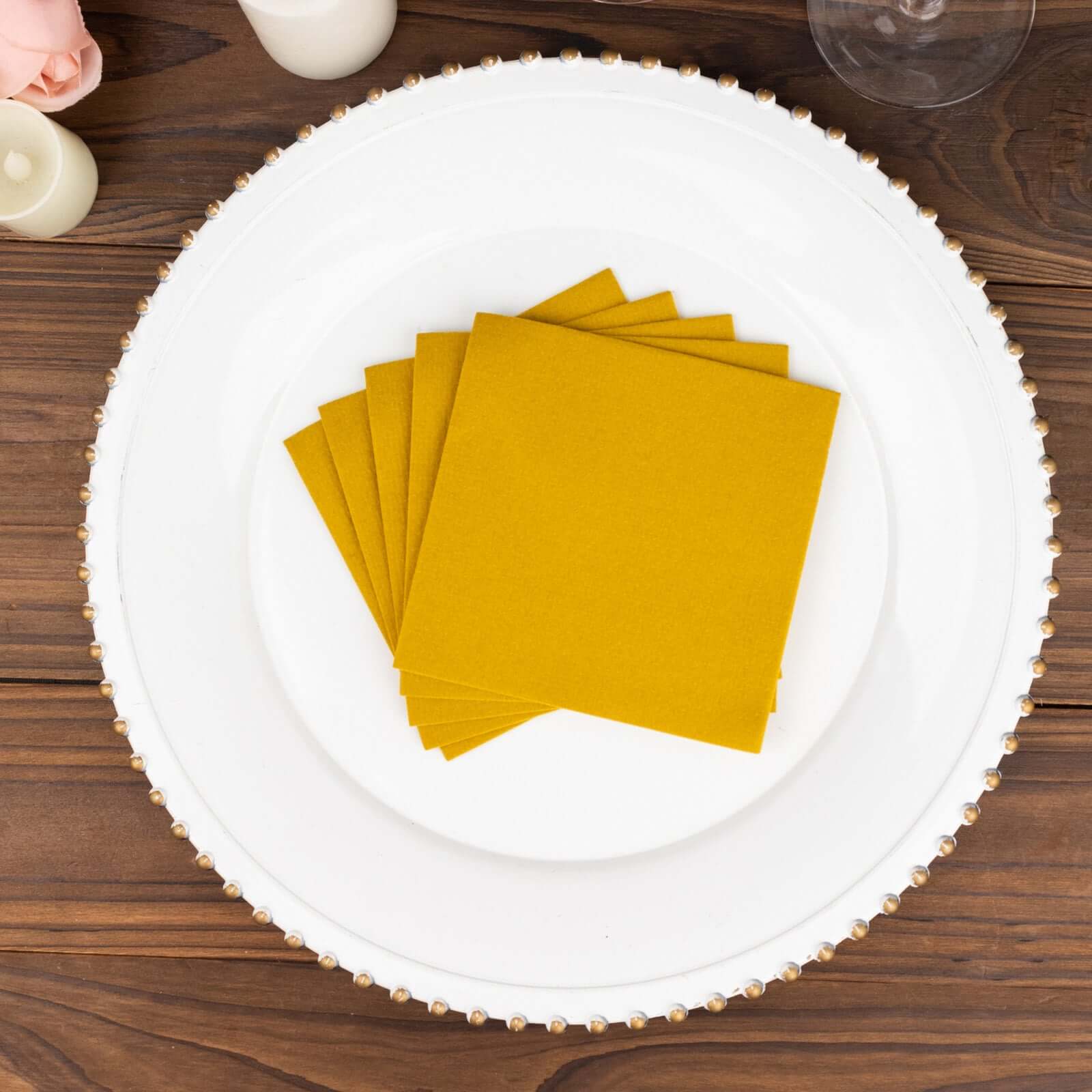 20-Piece Pack of 5x5 Gold Linen-Like Airlaid Beverage Napkins - Super Absorbent & Disposable