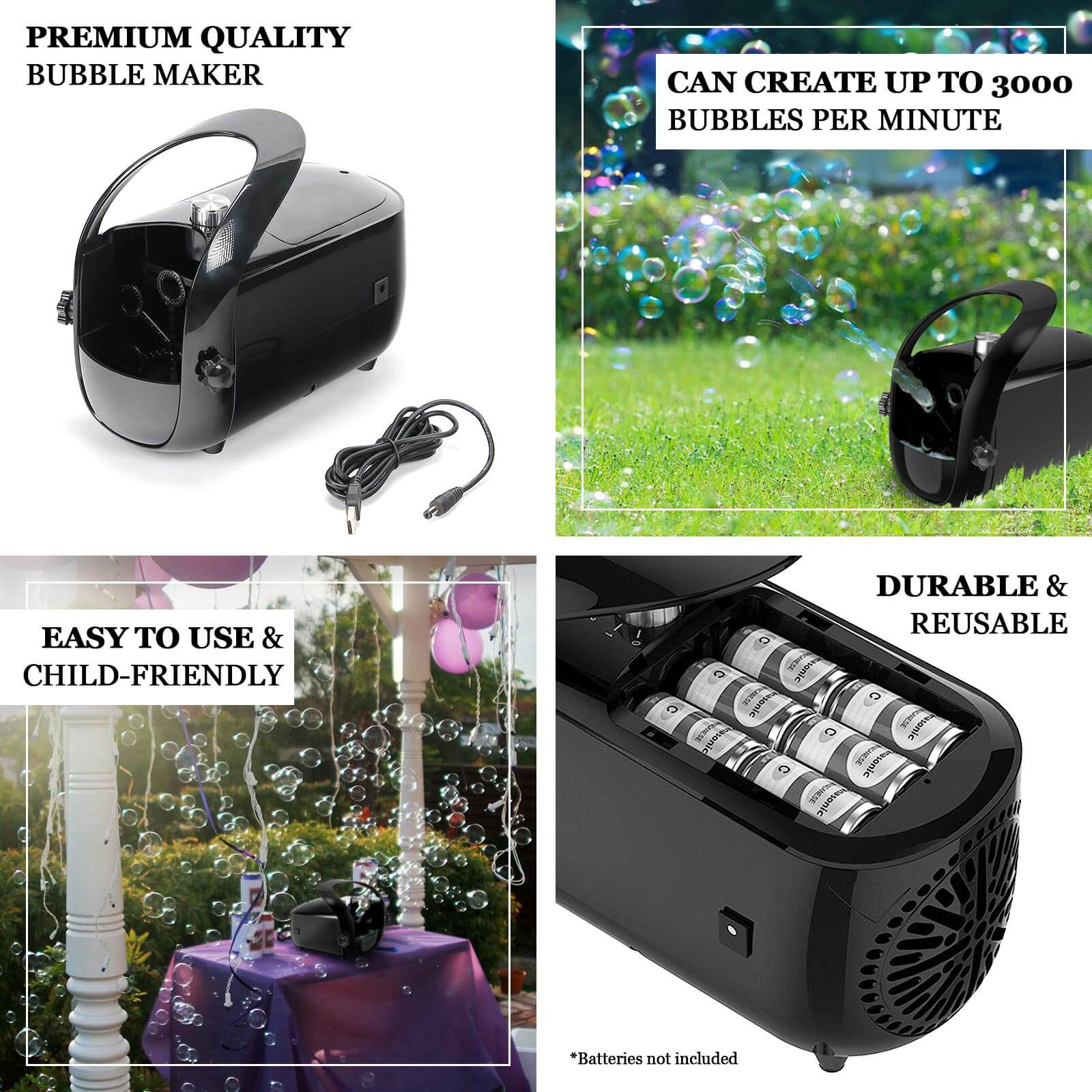 Portable Black Dual-Speed Automatic Bubble Machine, USB or Battery Powered