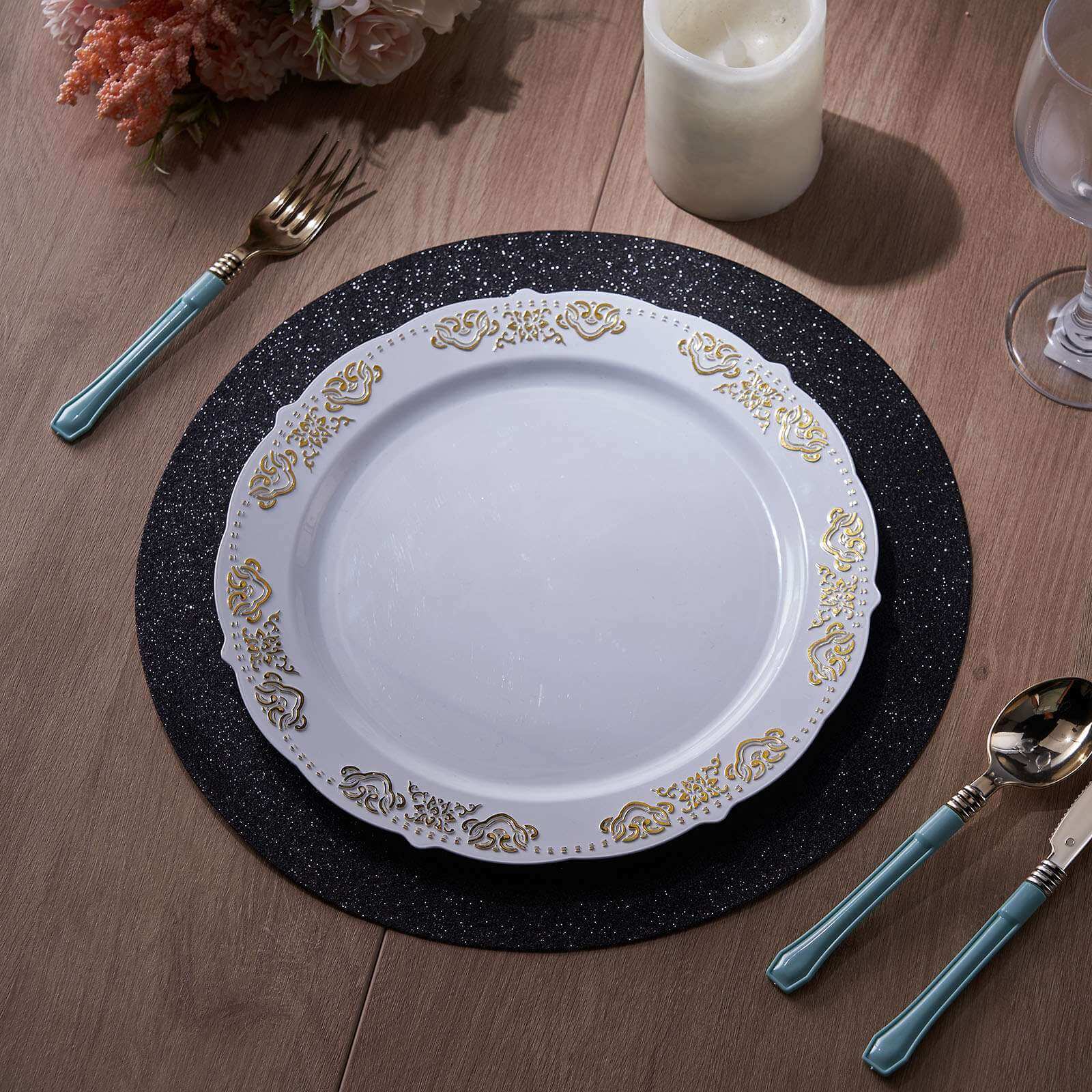 6-Piece Set of Non-Slip Black Glitter Round Placemats, 13 Inches