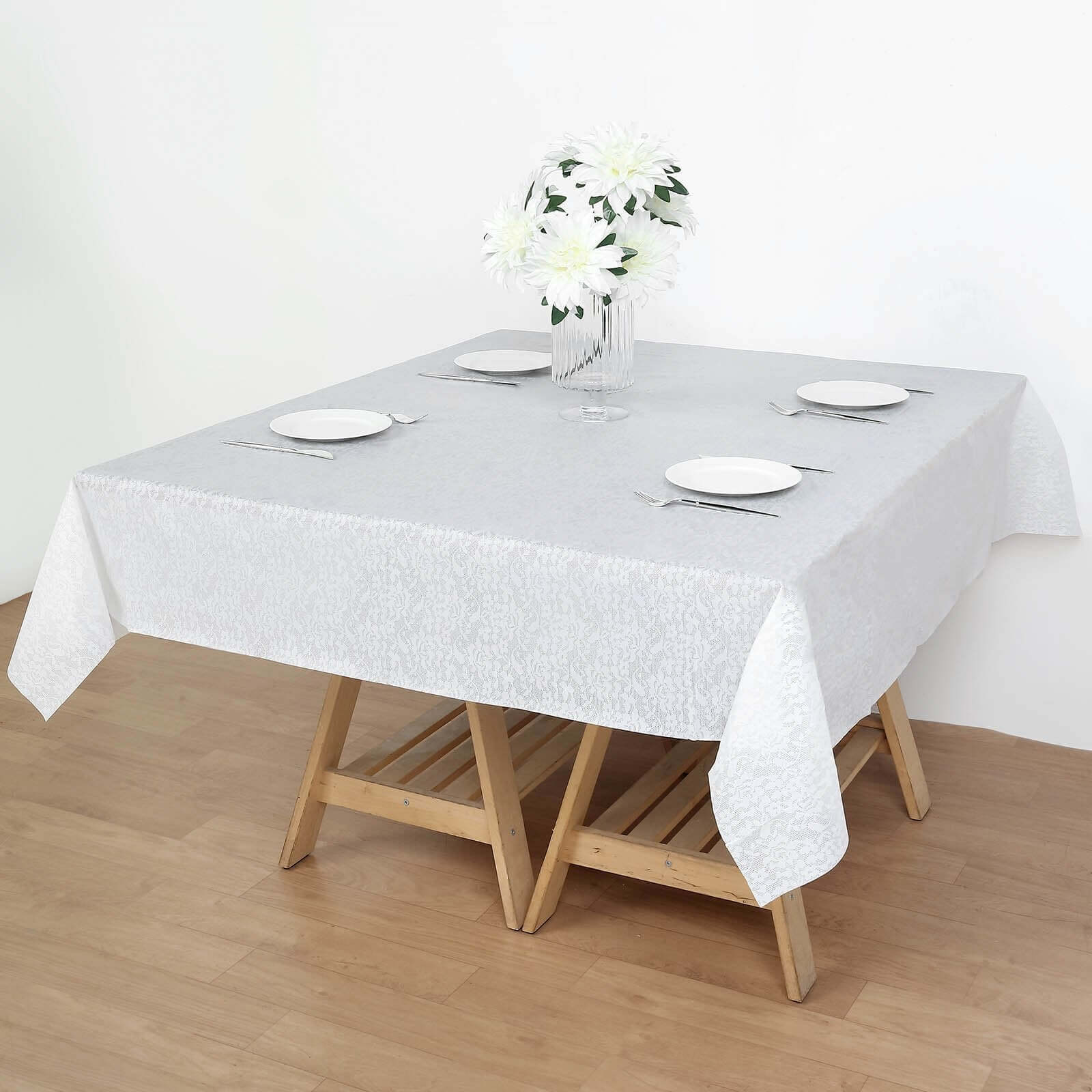 Waterproof Disposable PVC Tablecloths in White Vintage Lace Square Design, 65x65