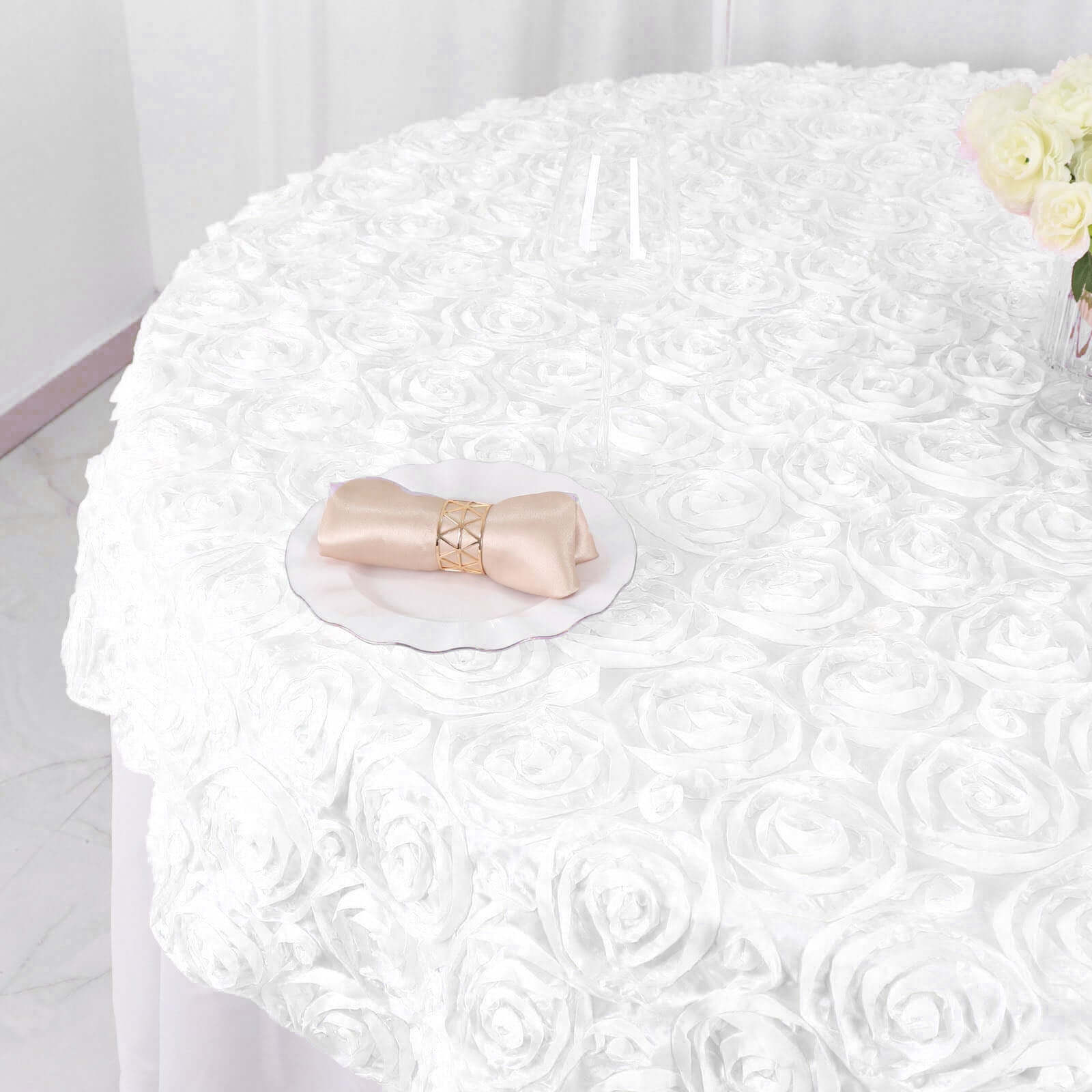 Stylish White Satin 72x72 Square Table Overlay with 3D Rosette Design for Special Occasions