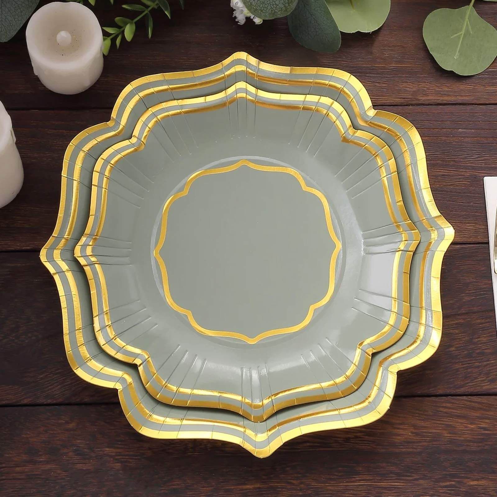 25-Piece Disposable 300GSM Sage Green Paper Dessert Plates with Gold Scalloped Edge, 8 Inches