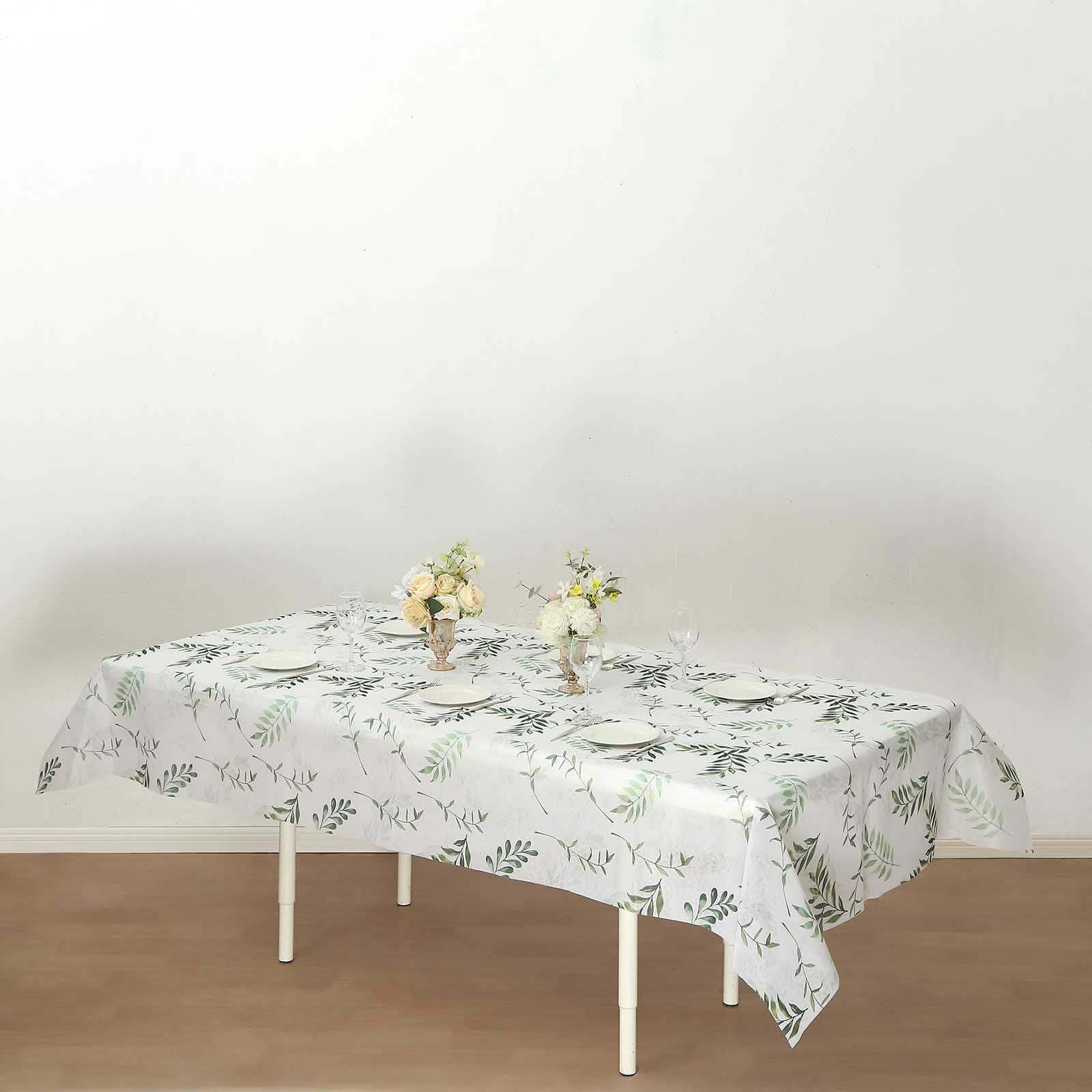 Hot Deal! Disposable Non-Woven Rectangle Tablecloth in White/Green with Olive Leaves Print, 60x102 for Summer