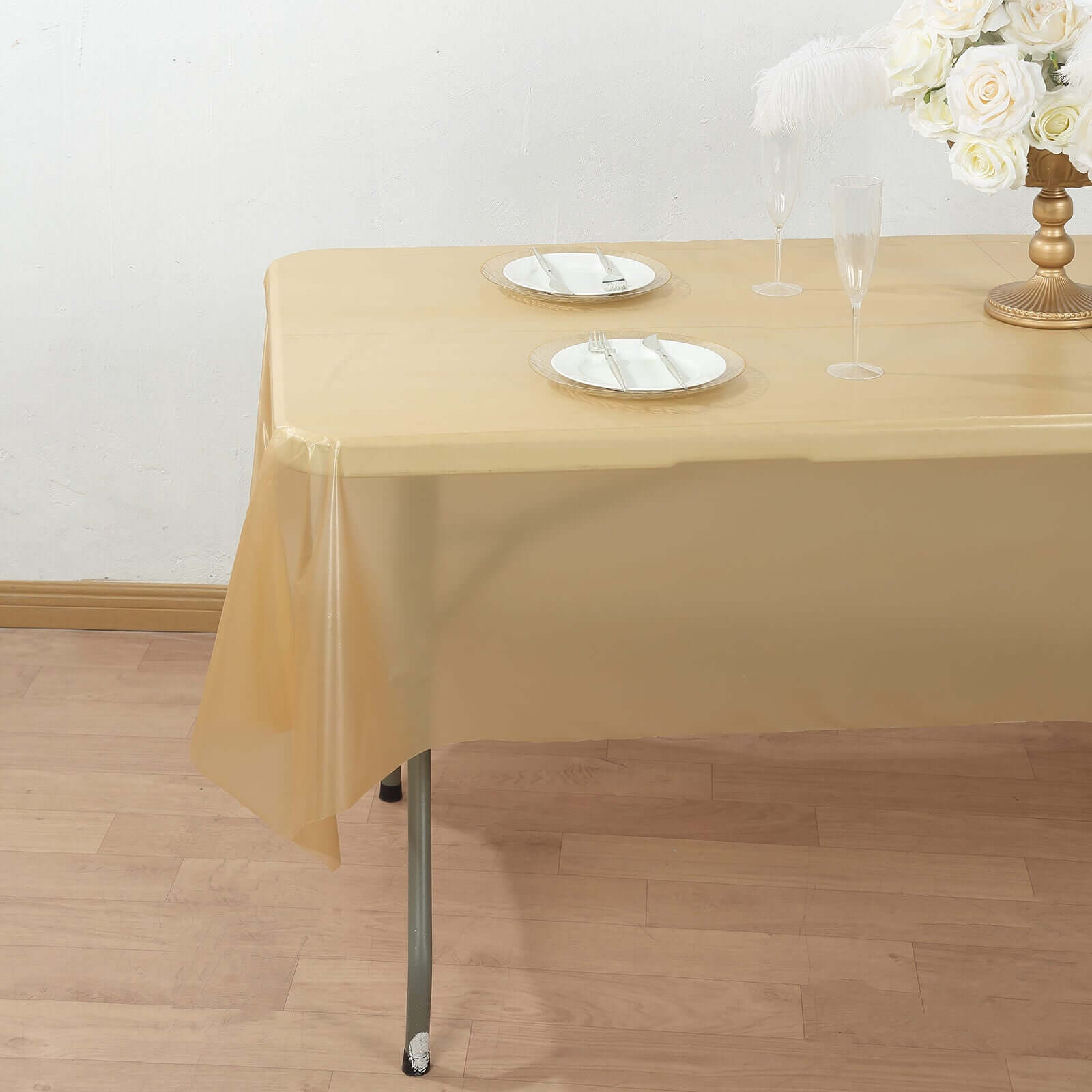 Customizable Gold Plastic Table Cover Roll with Slide Cutter, 54x300ft