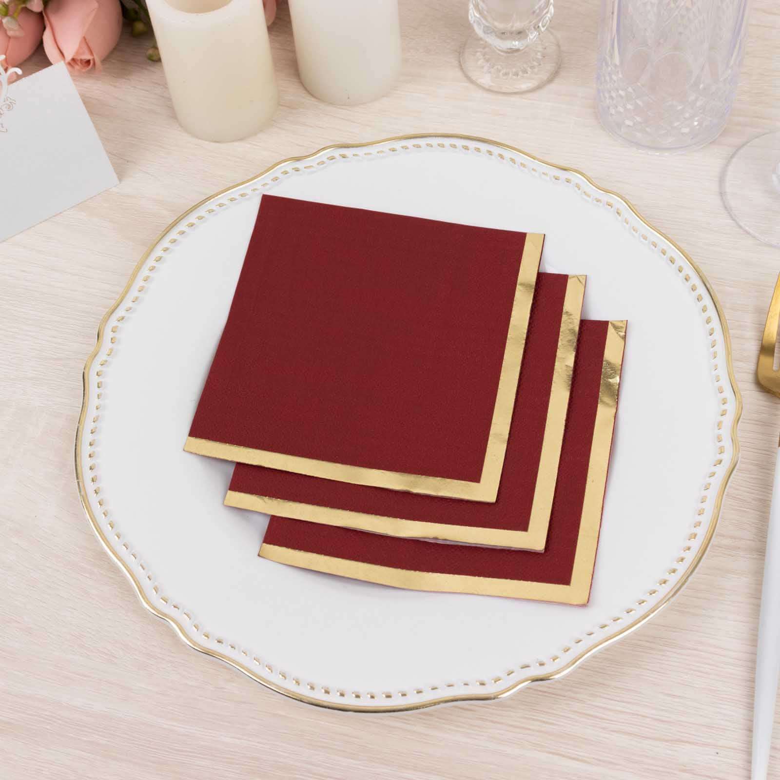Hot! 50-Pack 2-Ply Disposable Burgundy Cocktail Napkins with Gold Foil Edge, 18GSM