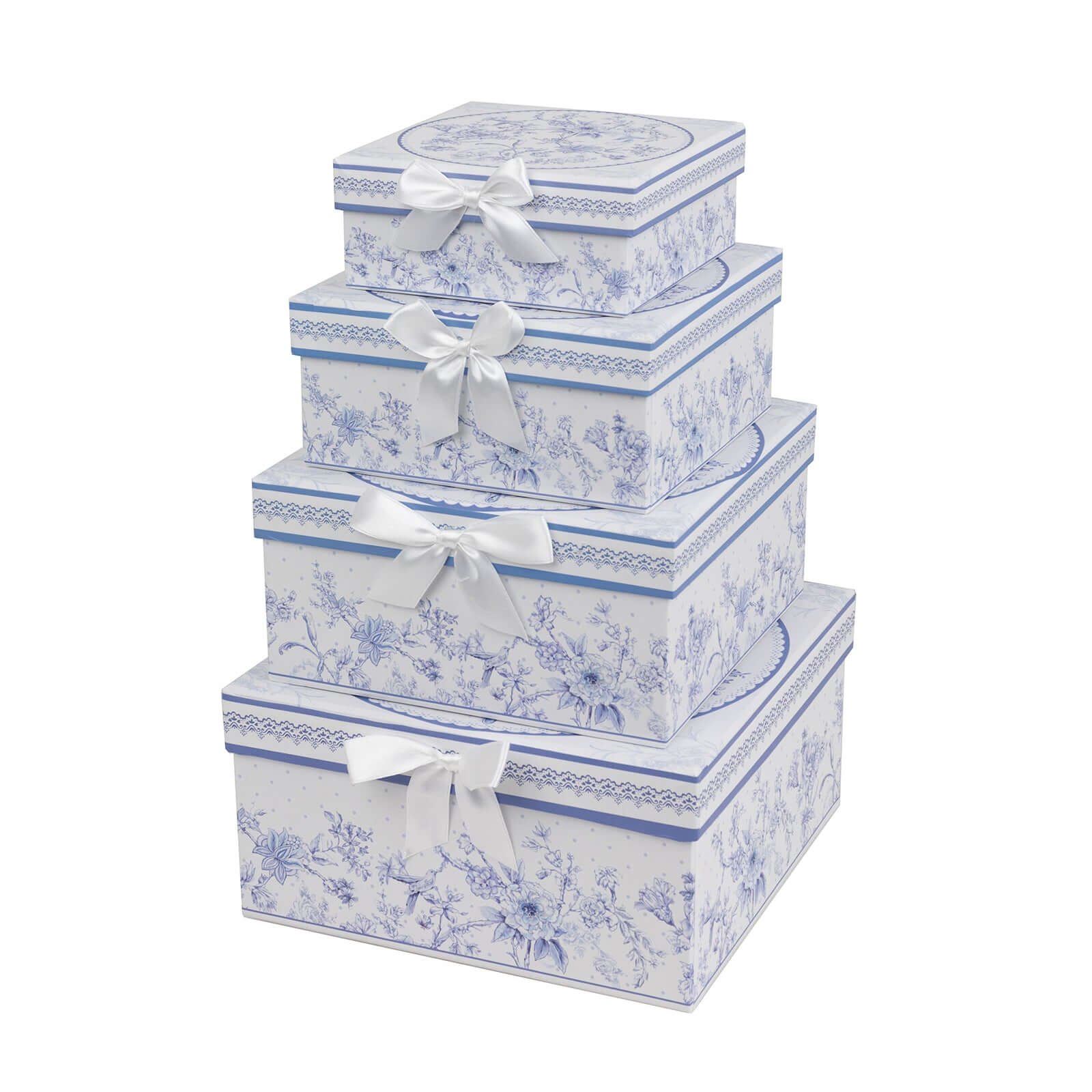 Hot! Set of 4 White & Blue French Toile Cardstock Nesting Gift Boxes - Stackable & Reusable