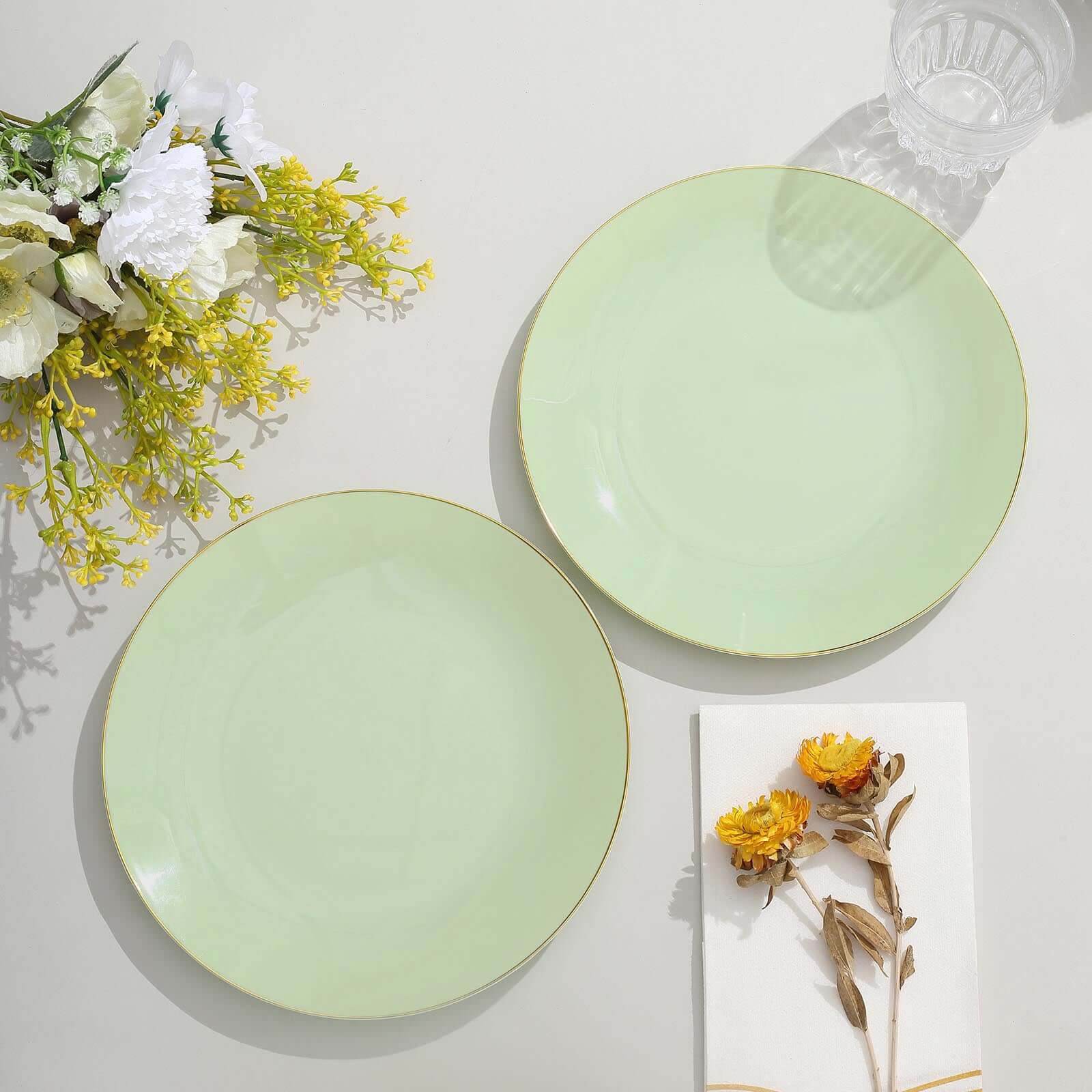 Hot Deal! 10-Pack 8" Sage Green Plastic Dessert Plates with Gold Rim - Disposable & Sturdy