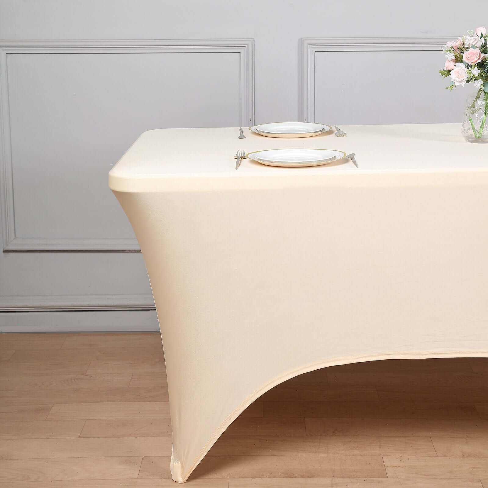 Durable Beige Stretch Spandex 6ft Rectangle Tablecloth for Events