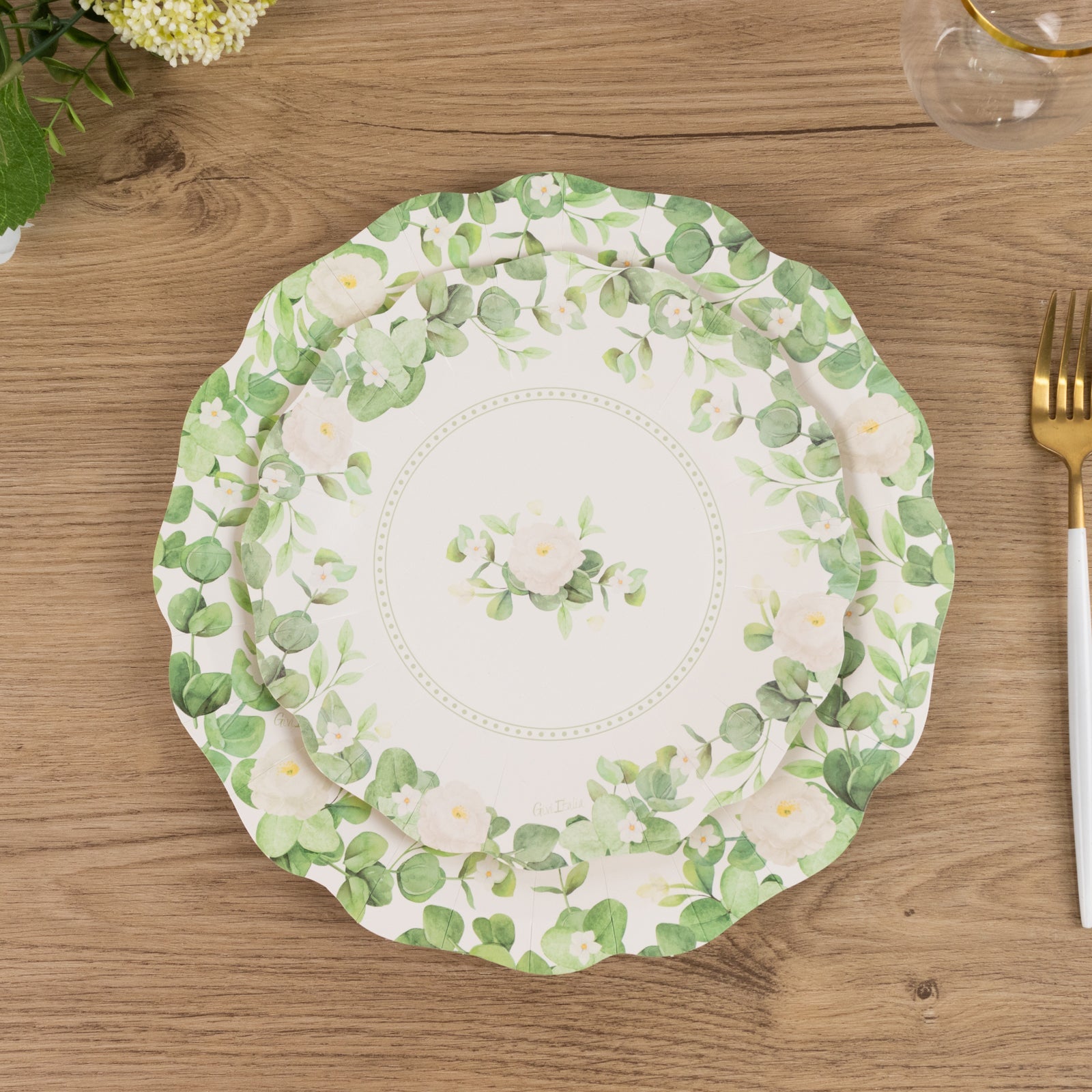 25-Pack 8-Inch White Paper Dessert Plates with Floral Greenery & Scalloped Edges - Ideal for Rustic Weddings and Garden Brunches