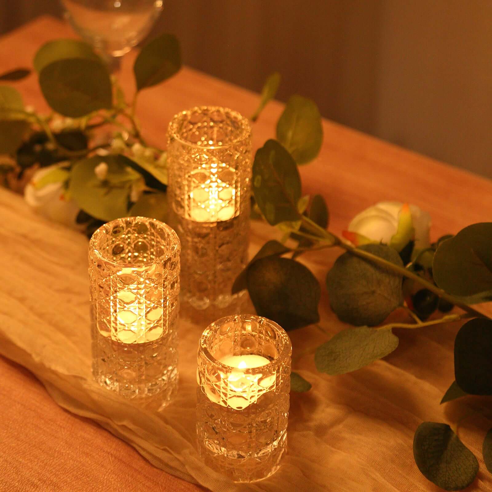 Hot Deal! Set of 3 Clear Glass Taper & Tealight Candle Holders with Gemstone Pattern