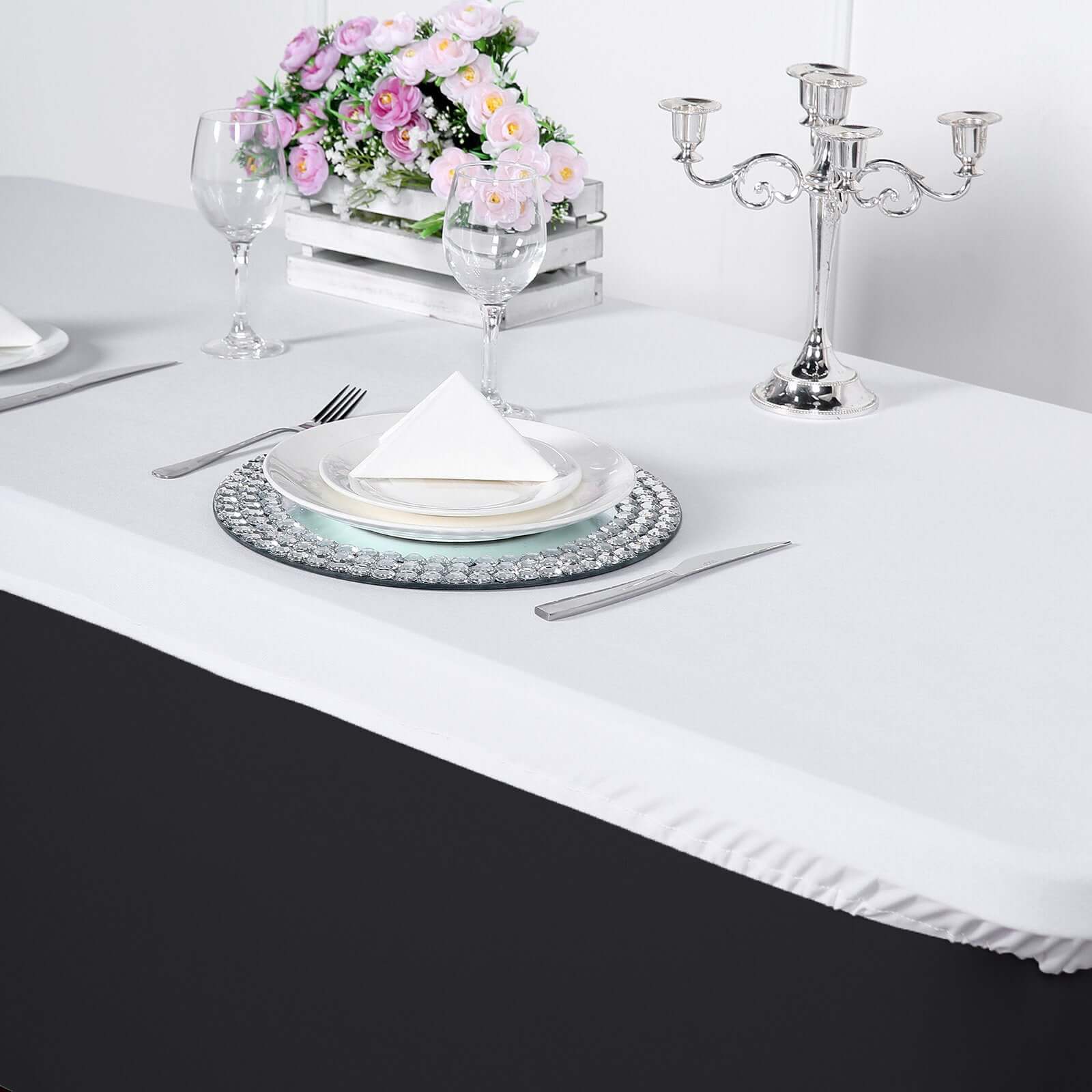 White Stretchy & Wrinkle-Free Spandex Table Topper for 8-Foot Tables