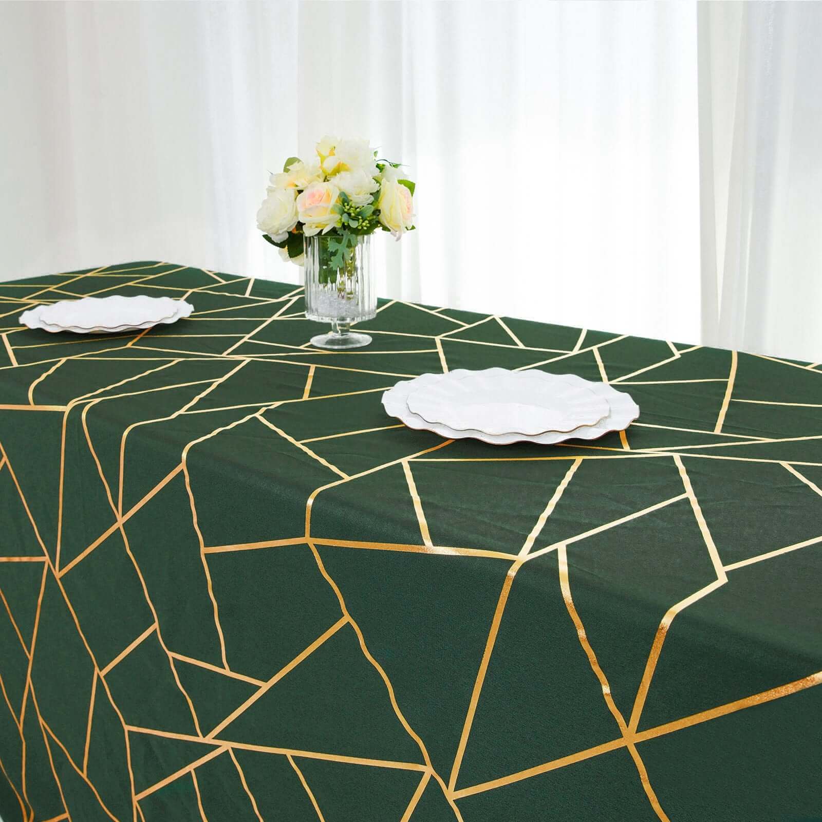 Hot Sale! Wrinkle-Resistant Seamless Polyester Tablecloth in Hunter Emerald Green with Gold Foil Geometric Pattern, 90x132