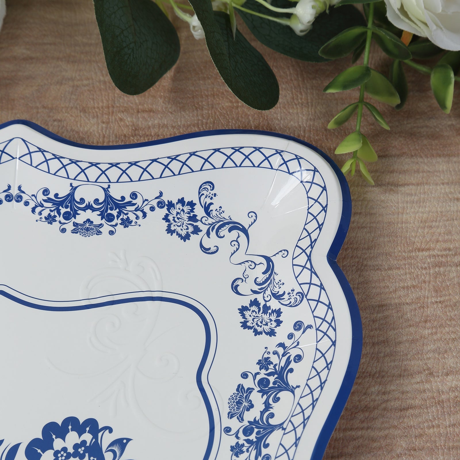 10-Pack Heavy Duty Disposable 400GSM Cardboard Serving Trays with White & Royal Blue Damask Floral Pattern for Weddings & Parties
