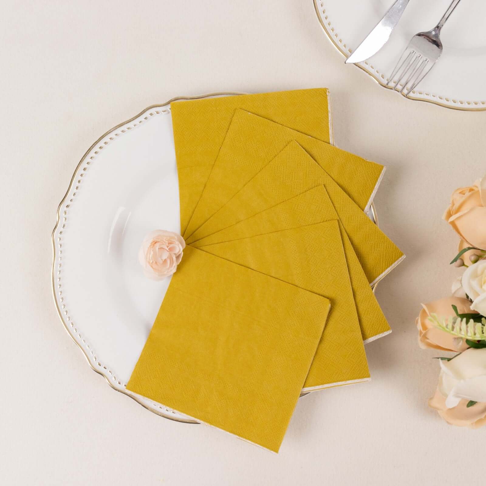 50-Pack Disposable Gold 2-Ply Soft 18GSM Cocktail Paper Beverage Napkins for Events