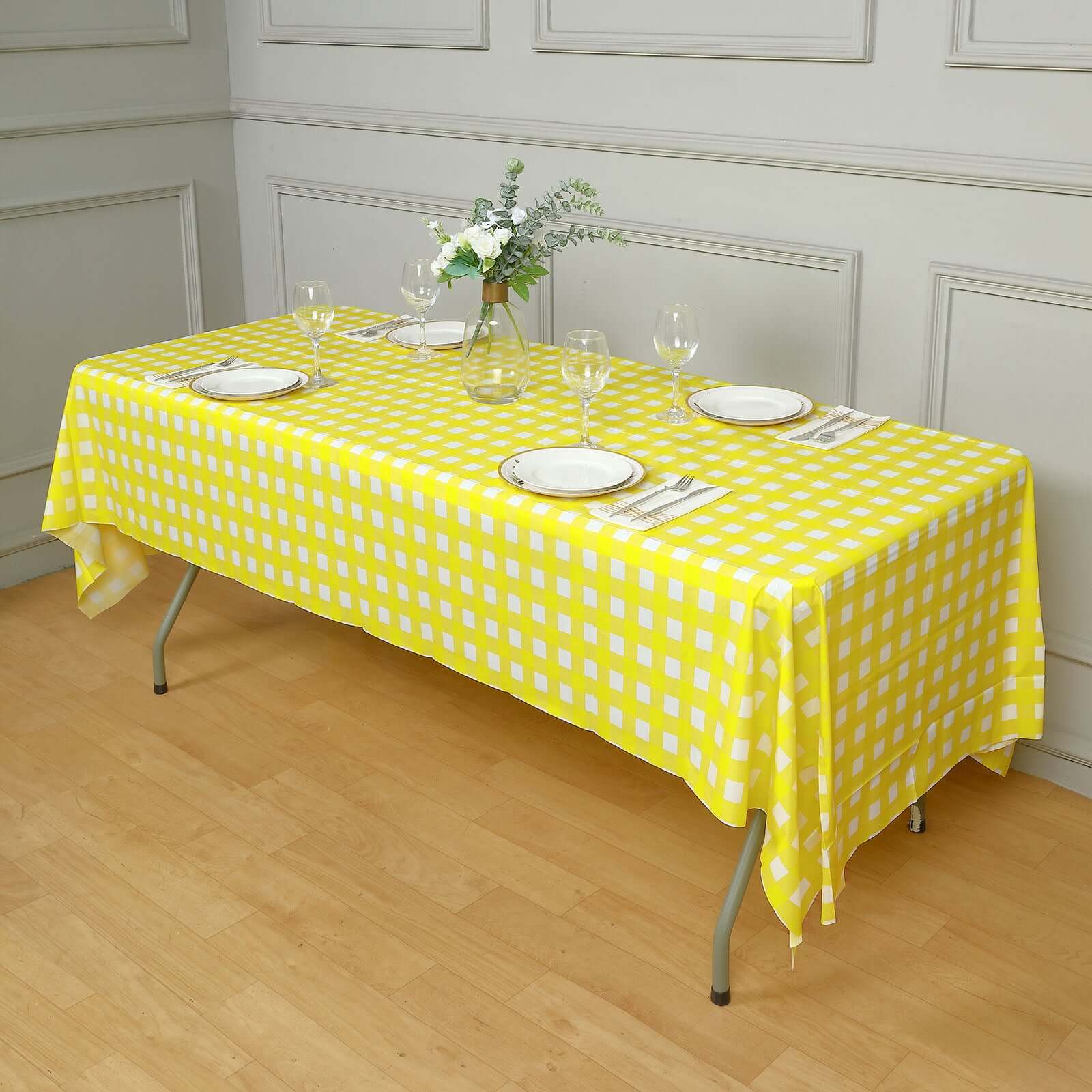 Lightweight PVC Disposable Checkered Plastic Table Cover - White/Yellow Rectangle, 54x108