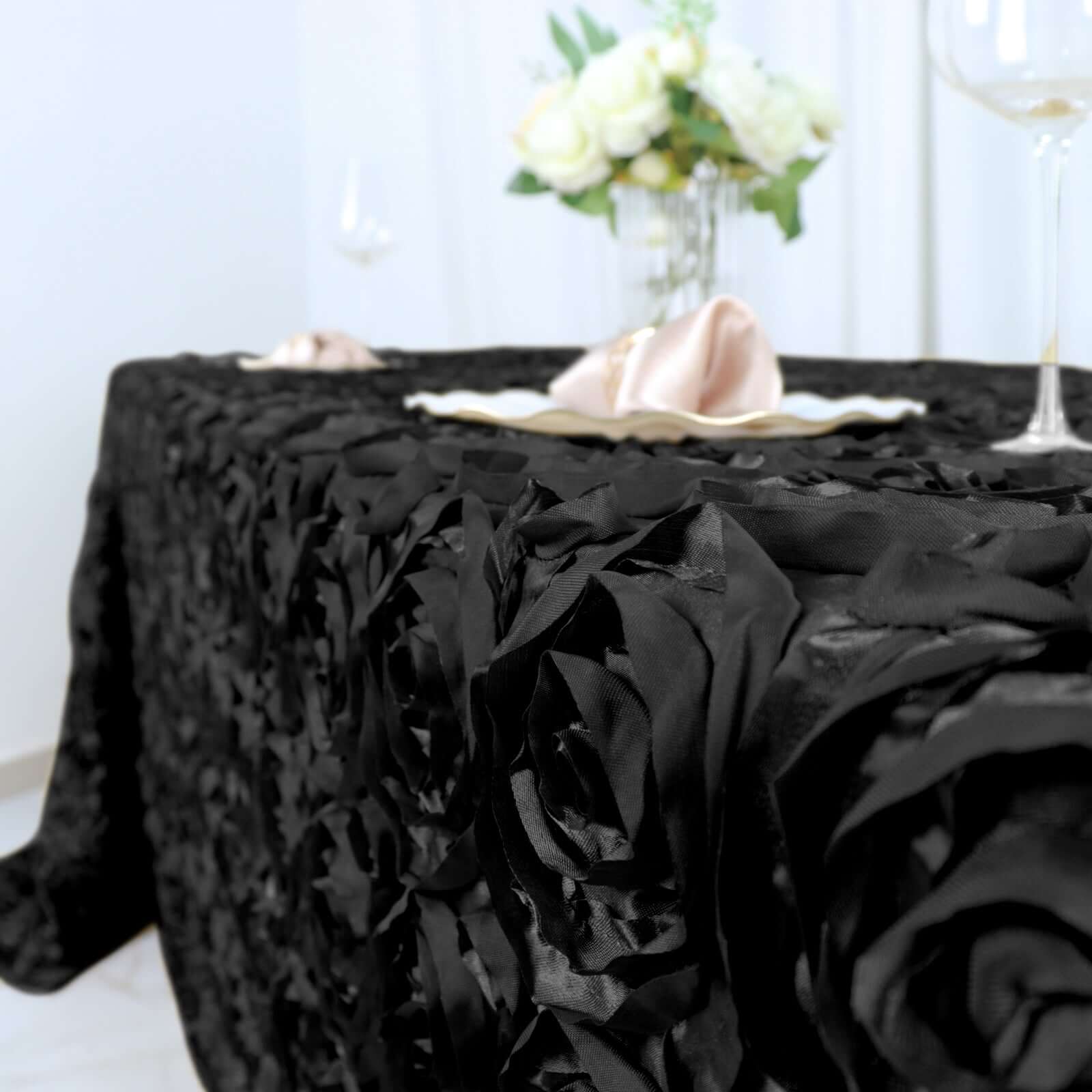 Black Satin Rectangle Tablecloth (90x132) with Stunning 3D Rosette Design for Elegant Gatherings